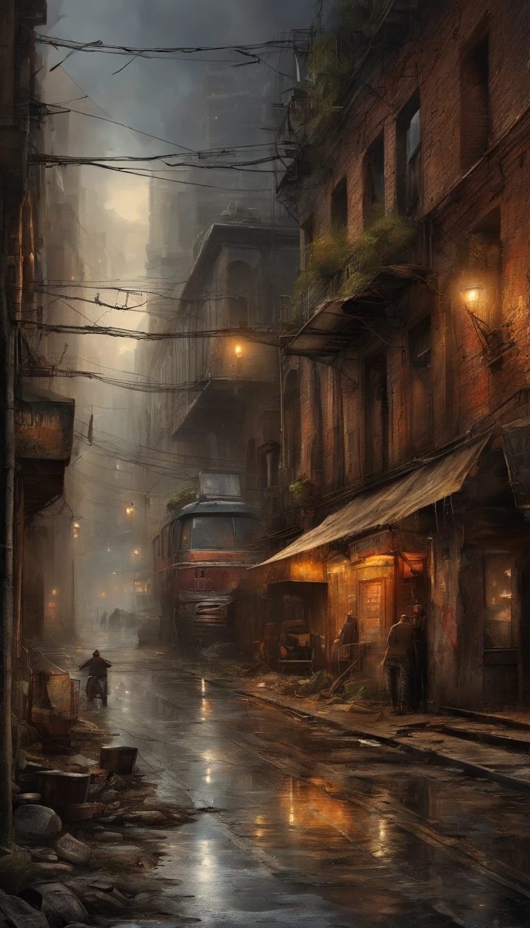 best quality,4k,8k,highres,masterpiece:1.2,ultra-detailed,realistic,photorealistic:1.37,impressive,post-apocalyptic,cyberpunk-style, city street,bustling,neon-lit,gritty,dystopian,high-rise buildings,hovering vehicles,futuristic architecture,dilapidated buildings,dark alleyways,heavy rain,pouring rain,flickering streetlights,glowing signs,holographic advertisements,reflective wet pavement,abandoned vehicles,smoke-filled atmosphere,city smog,cracked concrete,electrical wires hanging,piles of trash,rusty metal,graffiti-covered walls