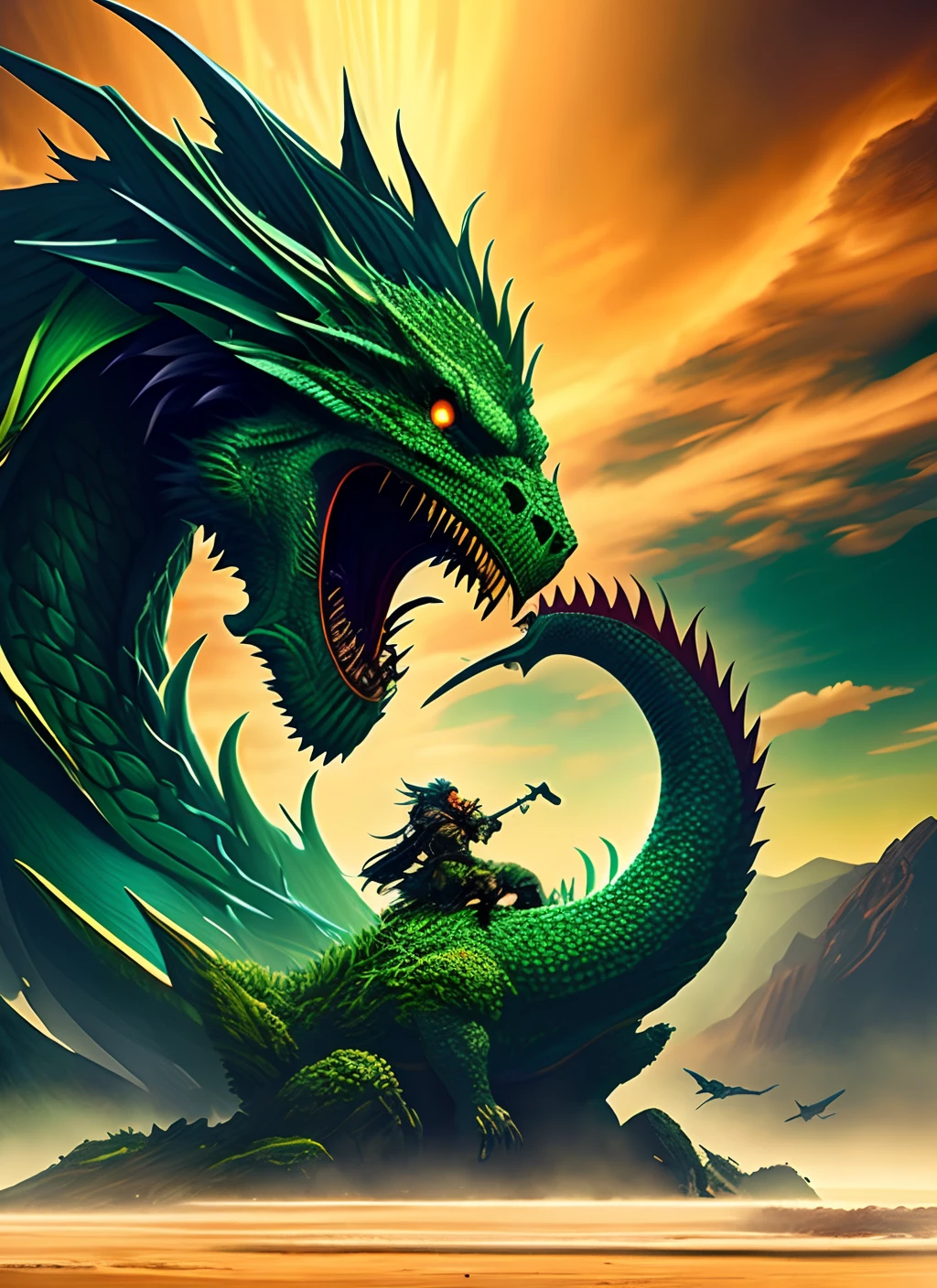 Colossal green dragon destroying a giant