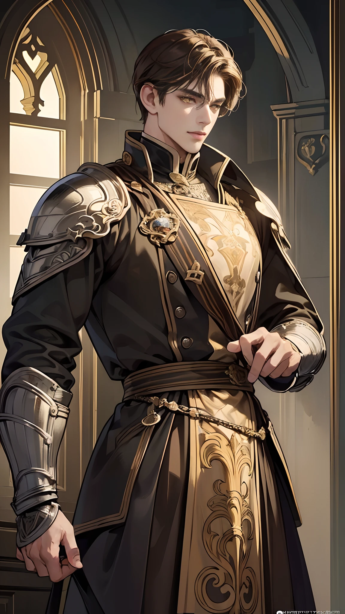 masterpiece, best quality, realistic, 1man, mature male, quiet and charming young man, handsome man, 25 years old, serious look, extremely detailed face, detailed eyes, extremely intricate eyes, detailed background, cinematic lighting, looking at the audience, posture dynamics, (masterpiece, top quality, best quality, beautiful illustration, official art, wide angle, beautiful and aesthetic :1.5), Masterpiece Background Midnight, Darkness, Dark Room, Dark tone, castle, castle windows, Moonlight, (Moonlight Only: 1.5), Invincible Smile, smirk, Bewitching, knight, ((yellow eyes)), ((brown hair)), [thick eyebrows], ((suit)), armour, short brown hair, golden eyes