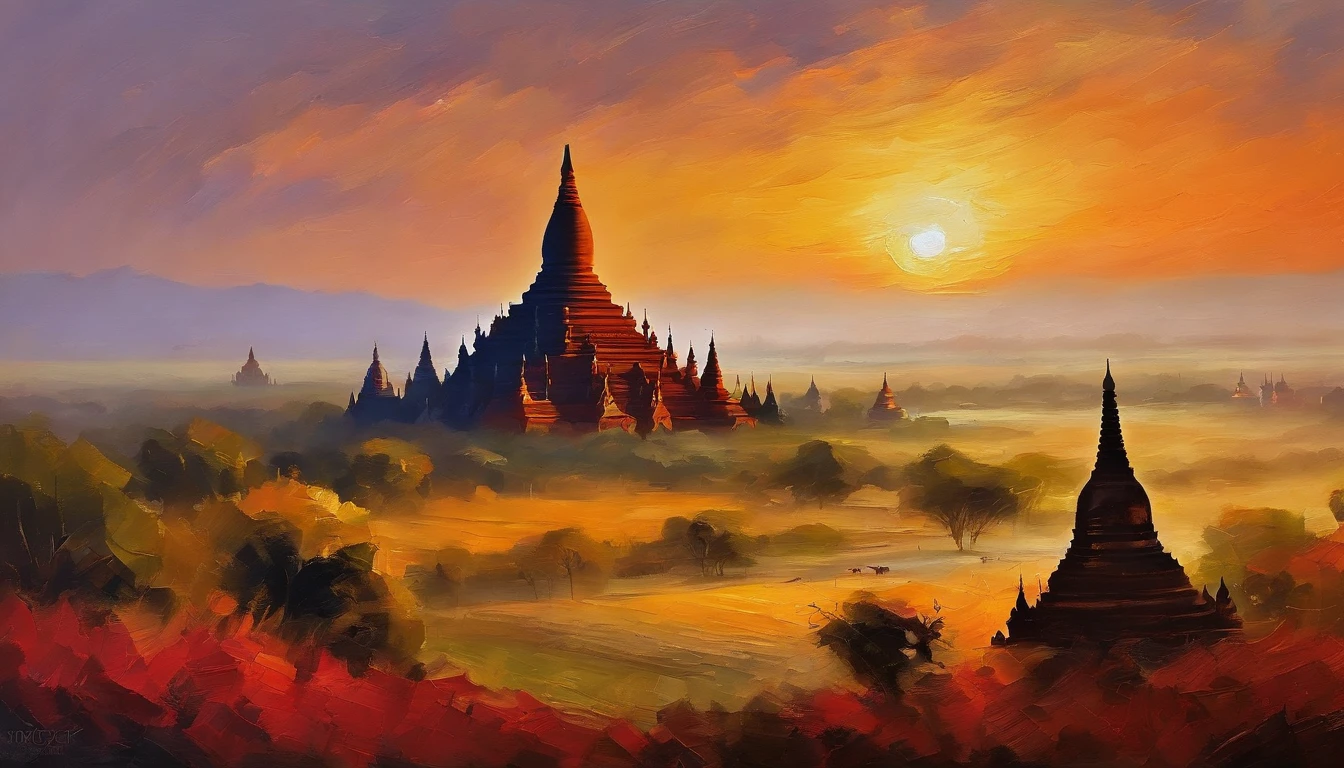 Bagan pagodas of Burma at sunset, best composition, masterpiece art work, long view, panorama view.