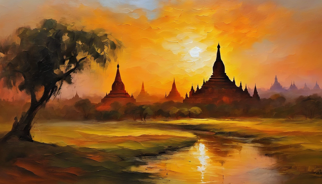 Bagan pagodas of Burma at sunset, best composition, masterpiece art work, long view, panorama view.