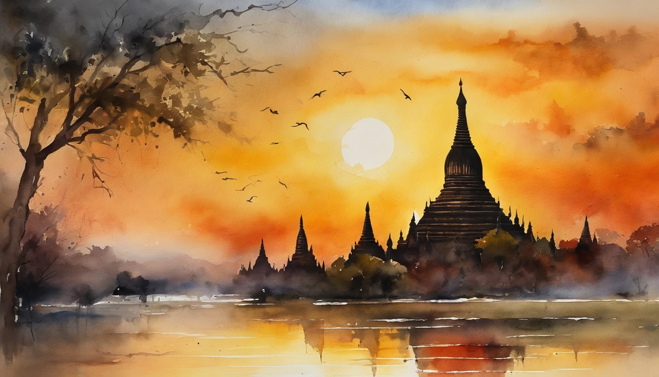 Bagan pagodas of Burma at sunset, best composition, masterpiece art work, long view, panorama view.
