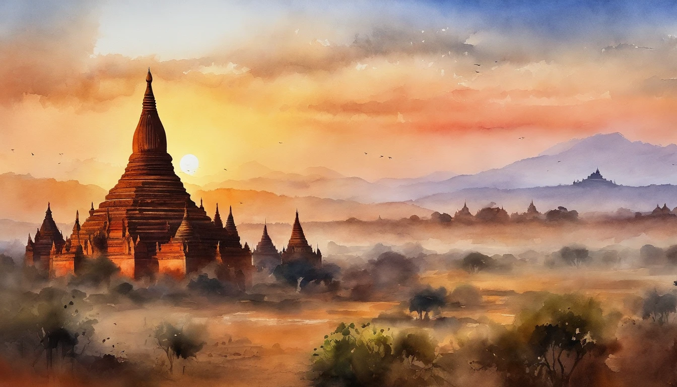 Bagan pagodas of Burma at sunset, best composition, masterpiece art work, long view, panorama view.