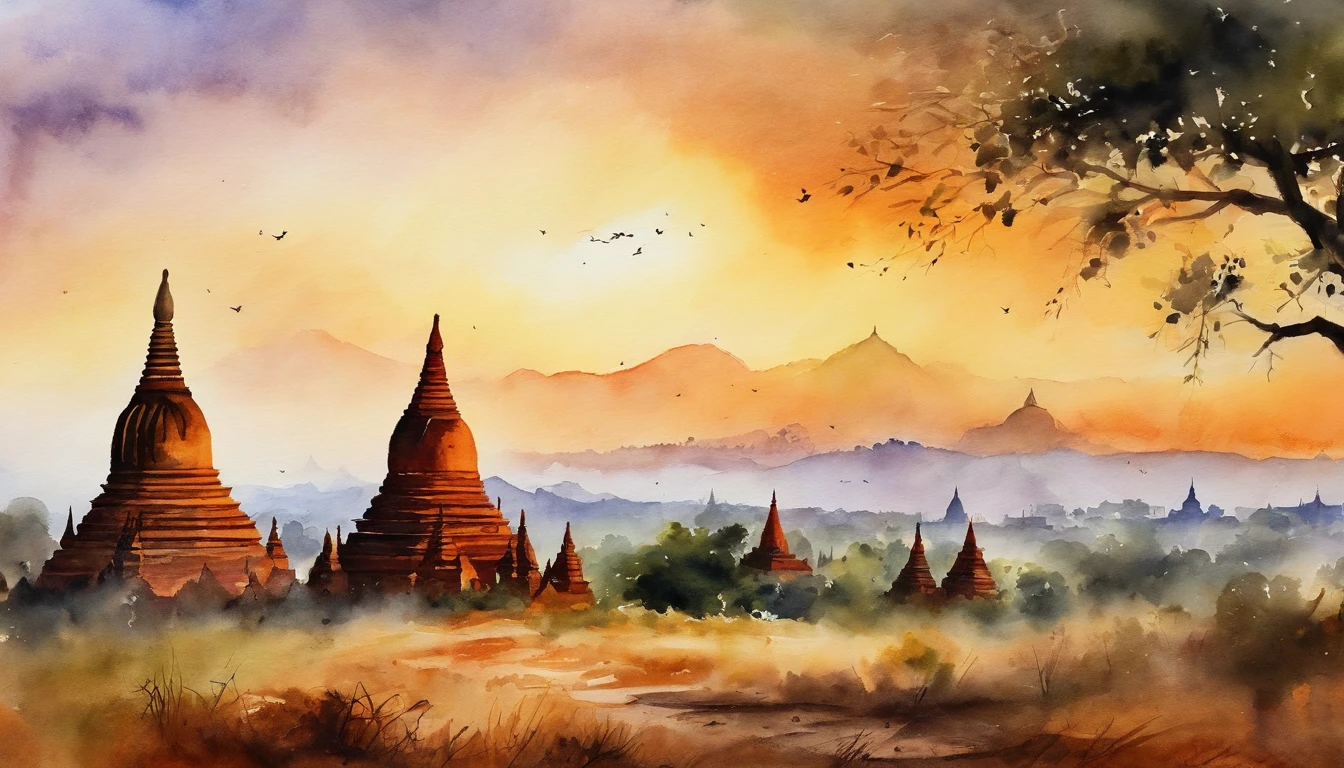Bagan pagodas of Burma at sunset, best composition, masterpiece art work, long view, panorama view.