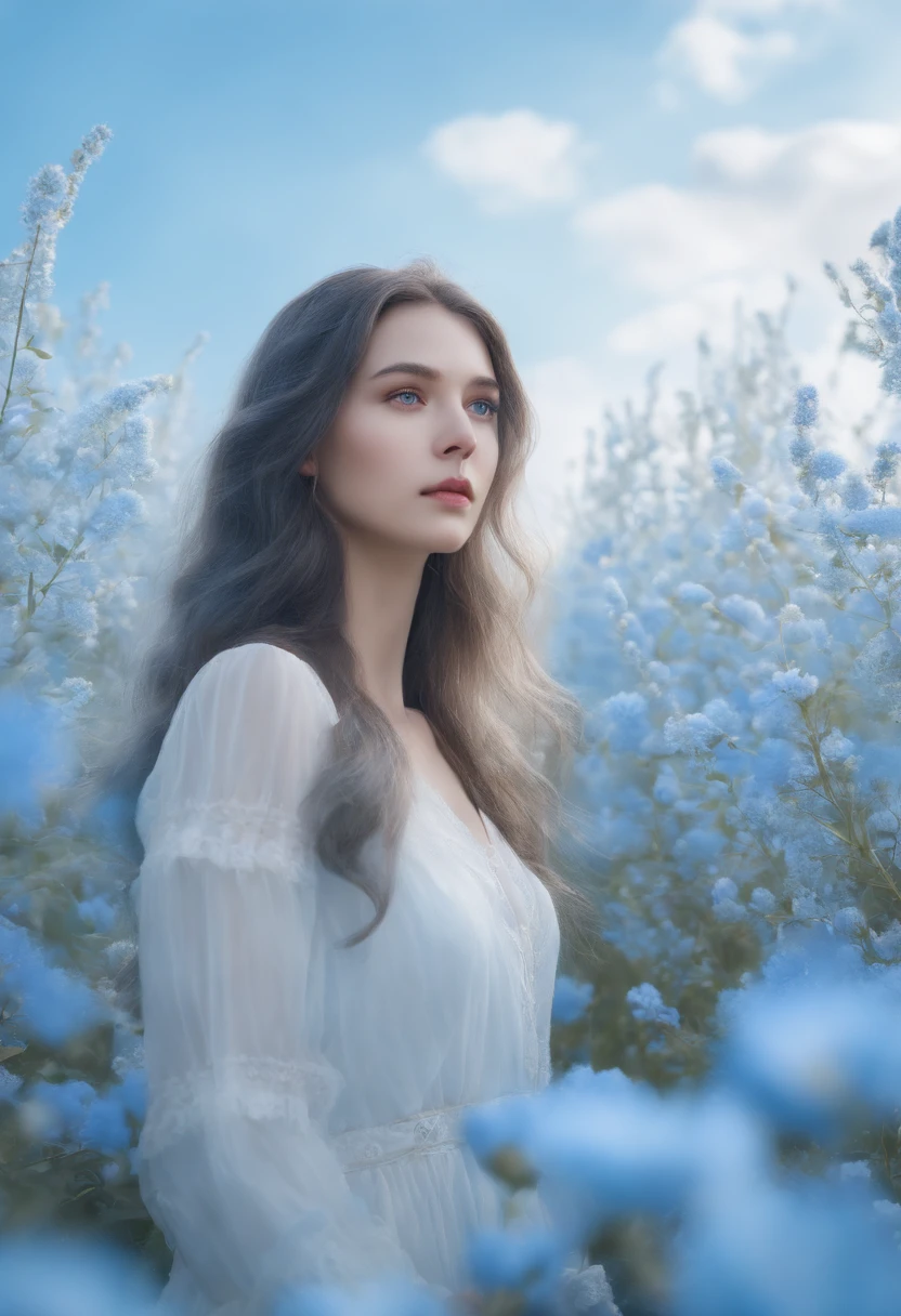 (absurdres, highres, ultra detailed, UHD, cinematic), solo, 1girl, mature, happy, girl standing in light blue flower field, light blue flower petal surrounding girl, full body, blue long hair girl, light blue hair, fantasy, dreamy, snowy, official art, pop art, profile, ultra detailed face, ultra detailed eyes, light blue flower field, ultra detailed field, white blue sky, cold, light blue, white, nebula in the sky, blue tree, watercolor, pastel color