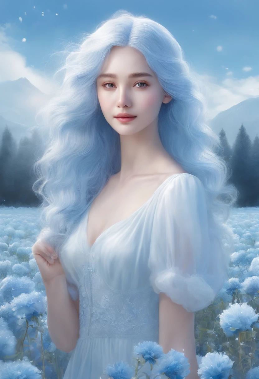 (absurdres, highres, ultra detailed, UHD, cinematic), solo, 1girl, mature, happy, girl standing in light blue flower field, light blue flower petal surrounding girl, full body, blue long hair girl, light blue hair, fantasy, dreamy, snowy, official art, pop art, profile, ultra detailed face, ultra detailed eyes, light blue flower field, ultra detailed field, white blue sky, cold, light blue, white,  nebula in the sky, blue tree, watercolor, pastel color