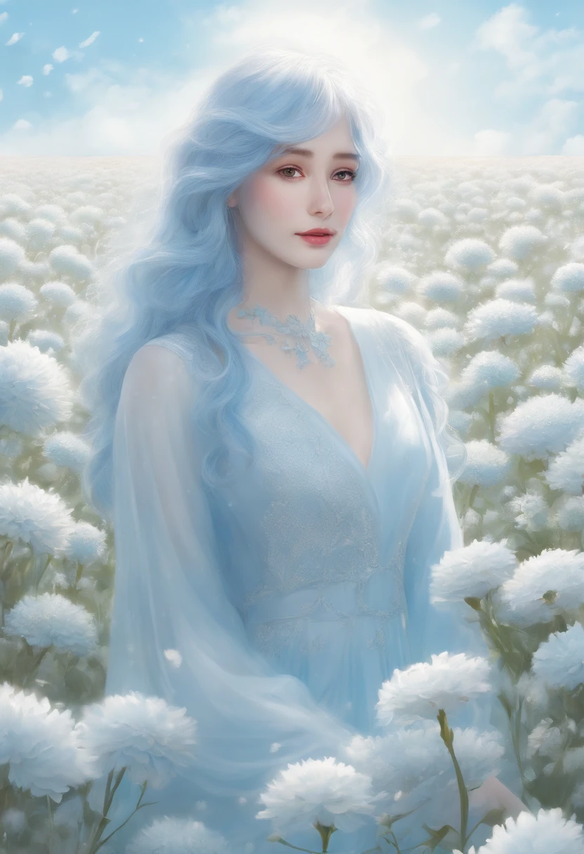 (absurdres, highres, ultra detailed, UHD, cinematic), solo, 1girl, mature, happy, girl standing in light blue flower field, light blue flower petal surrounding girl, full body, blue long hair girl, light blue hair, fantasy, dreamy, snowy, official art, pop art, profile, ultra detailed face, ultra detailed eyes, light blue flower field, ultra detailed field, white blue sky, cold, light blue, white,  nebula in the sky, blue tree, watercolor, pastel color