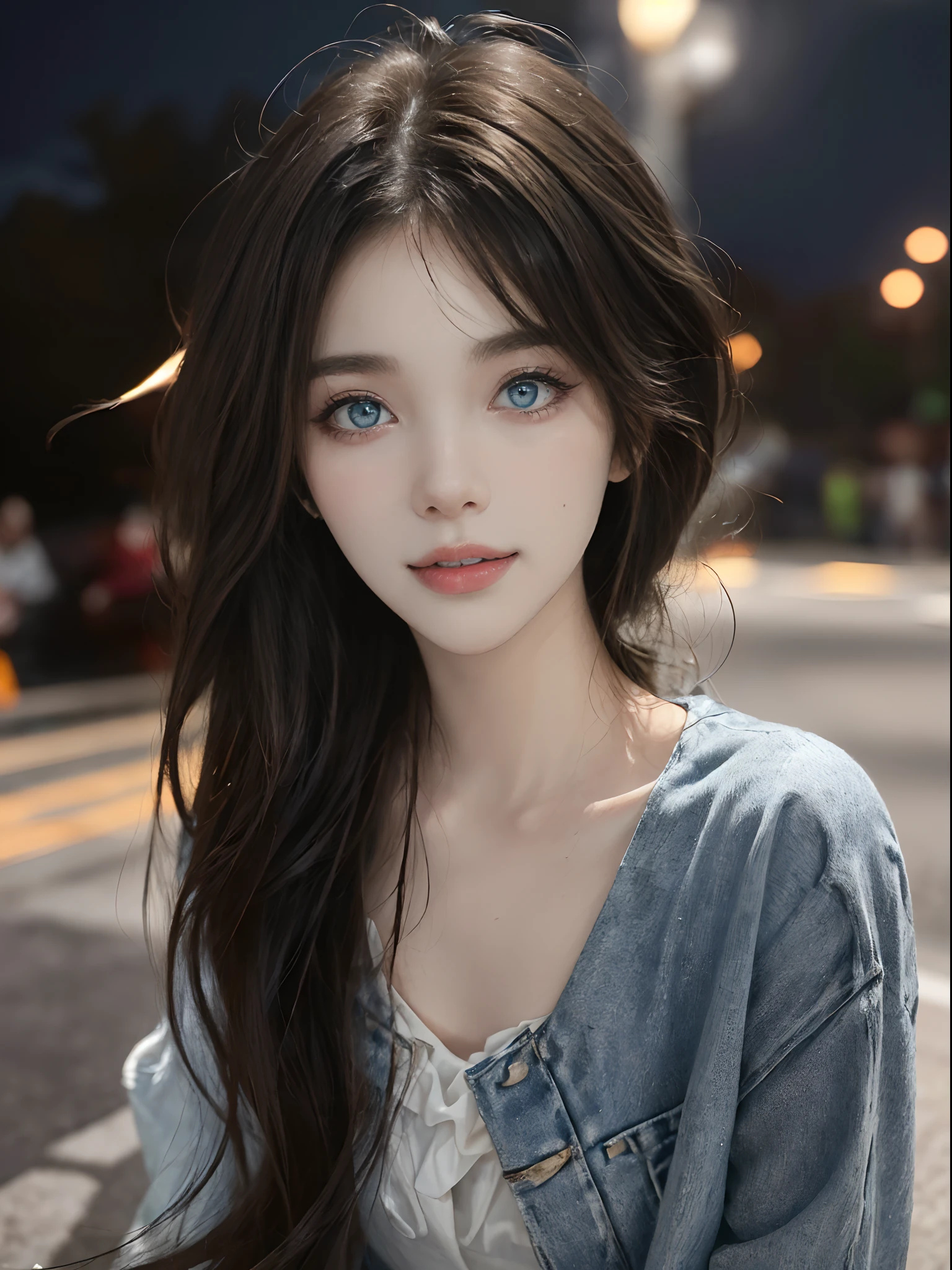 ((4K works))、​masterpiece、(top-quality)、1 beutiful girl、Slim body、tall、((Attractive clothes in black and white))、(Detailed beautiful eyes)、Take selfies on the road at night、((Face similar to Carly Rae Jepsen))、((long hair of boyish red-black color,,,))、((Smaller face))、((Neutral face))、((Bright blue eyes))、((American adult women))、((Adult female 26 years old))、((cool lady))、((Like a celebrity))、((Smiling expression))、((Korean Makeup))、((elongated and sharp eyes))、((Girlfriend enjoying happy date))、((boyish))、((She is walking in front of the viewer))、((Shot from an angle above the face))、((Her selfie))、((Shot close to the face))、((Zoom focus to face))、((Face enhancement))、((Focus zoom in))、((selfee))