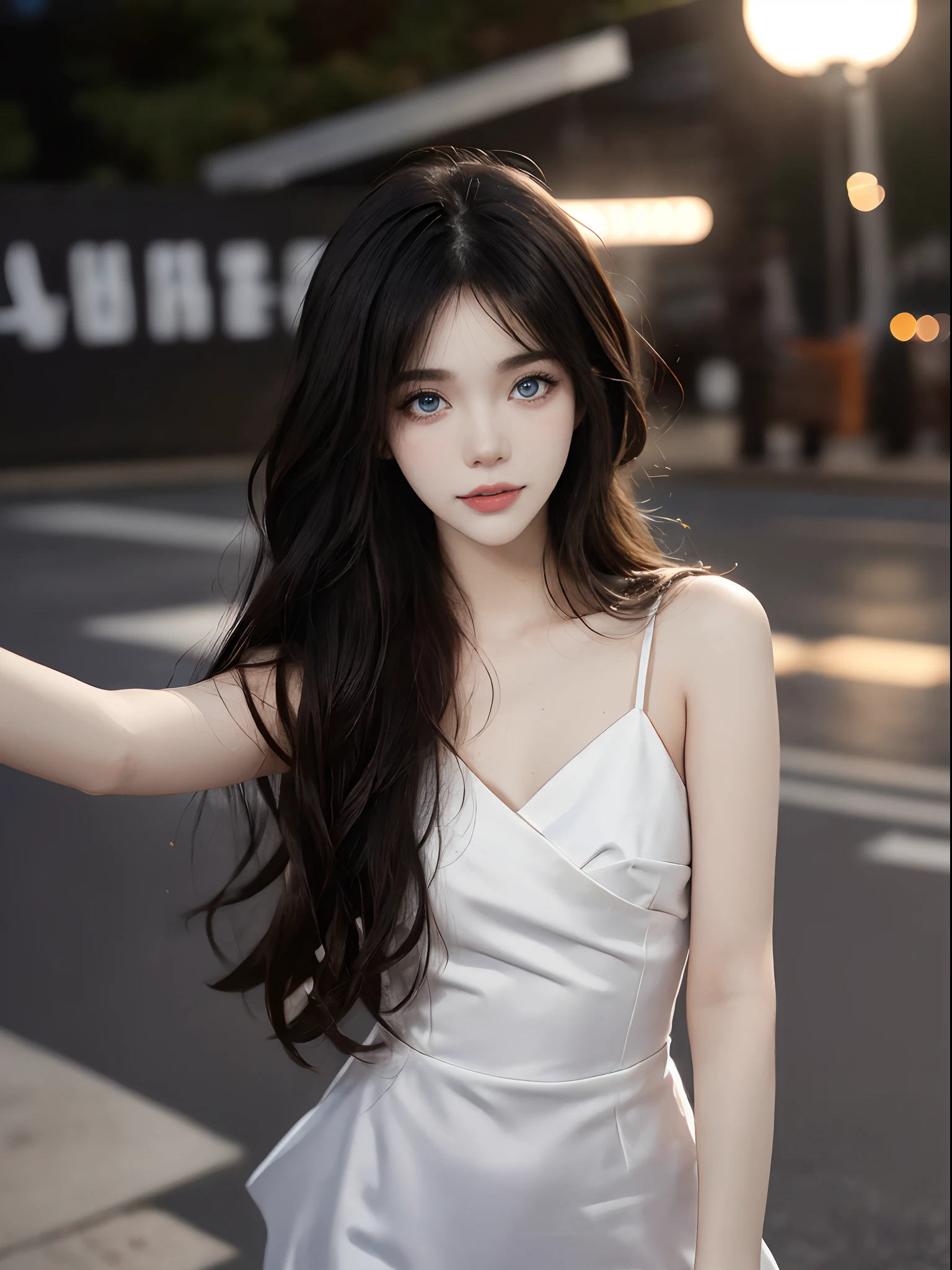 ((4K works))、​masterpiece、(top-quality)、1 beutiful girl、Slim body、tall、((Attractive clothes in black and white))、(Detailed beautiful eyes)、Take selfies on the road at night、((Face similar to Carly Rae Jepsen))、((long hair of boyish red-black color,,,))、((Smaller face))、((Neutral face))、((Bright blue eyes))、((American adult women))、((Adult female 26 years old))、((cool lady))、((Like a celebrity))、((Smiling expression))、((Korean Makeup))、((elongated and sharp eyes))、((Girlfriend enjoying happy date))、((boyish))、((She is walking in front of the viewer))、((Shot from an angle above the face))、((Her selfie))、((Shot close to the face))、((Zoom focus to face))、((Face enhancement))、((Focus zoom in))、((selfee))