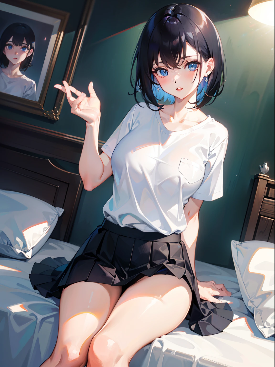 1girl, short black hair, blue eyes, wearing plain white shirt, short skirt, lifting skirt, no panties, bed, high res, ultrasharp, 8K, masterpiece, looking at viewer