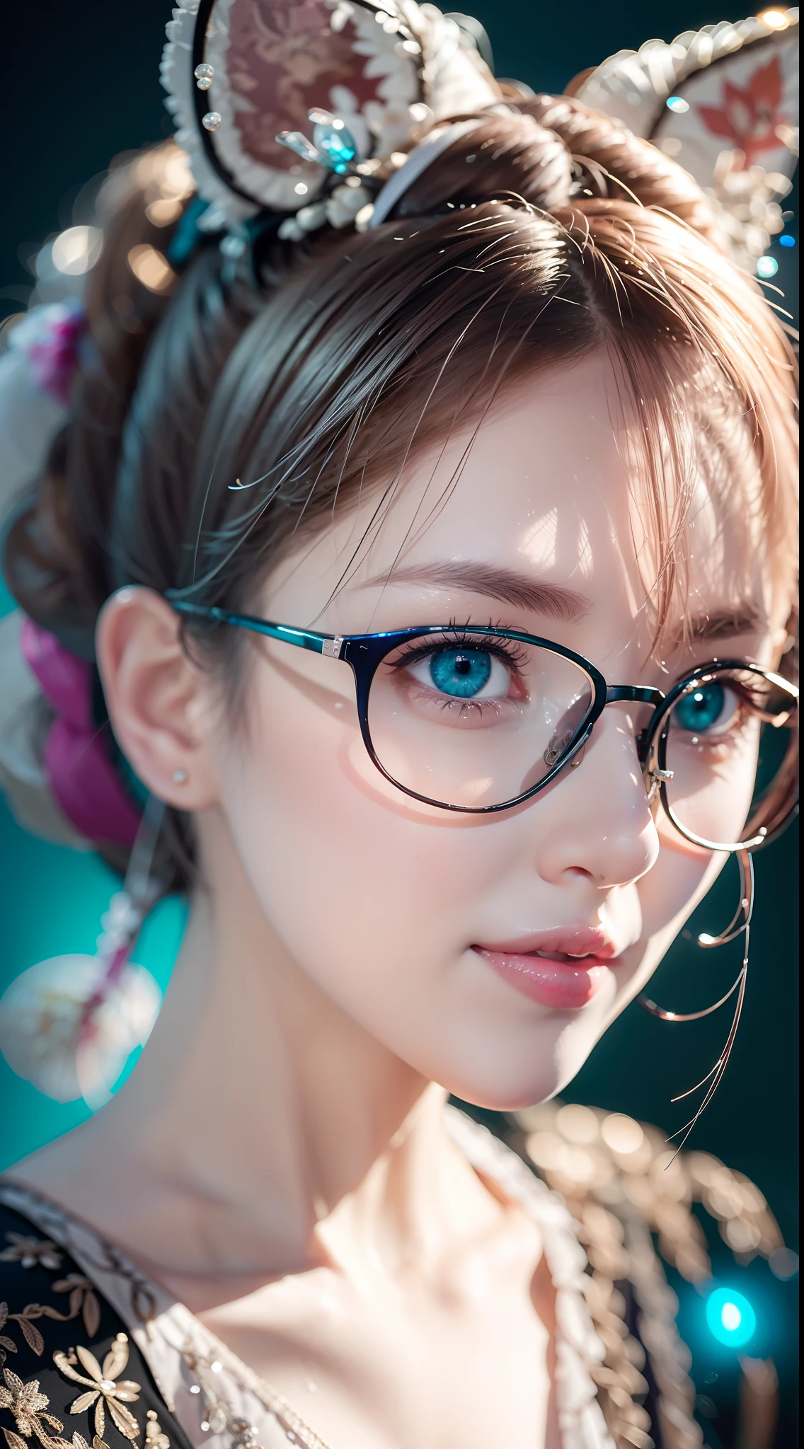 Head of Silver Hair, Tied-up Ponytail, Oversized Glasses, Eyes with Reflection, Colored Contact Lenses, Pink Pupils, Fox Ears, Alluring Smile, High-Quality Details, Romanticism, Shallow Depth of Field, Glowing, Ray Tracing, Viewfinder, Zoom Layers, Close-Up Shot, Blurry, Accurate Anatomy Structure, Highly Detailed, 1080p, Ultra High-Definition