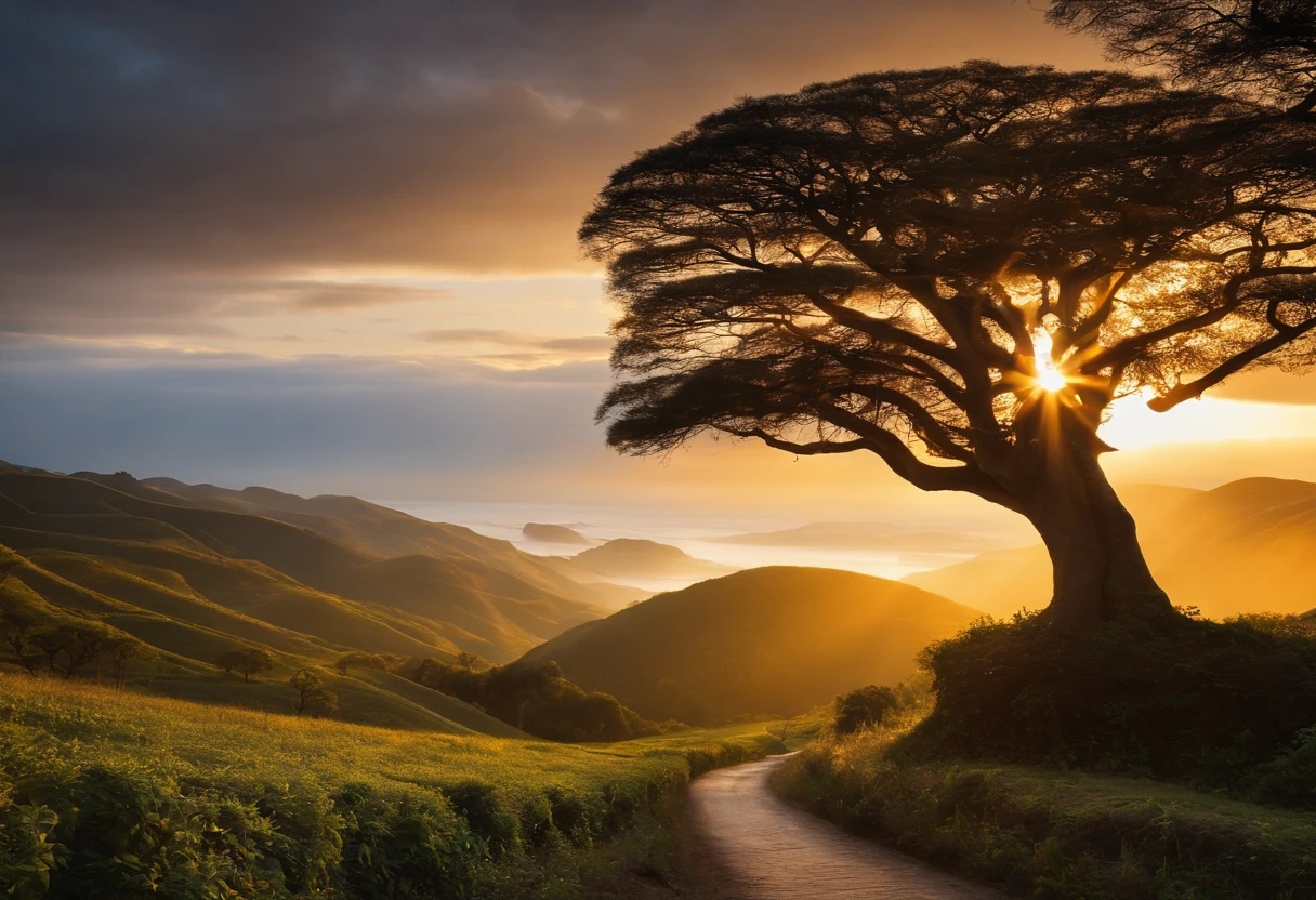 "Imagine a scene where the duality between darkness and light is evident. A winding path is illuminated by the soft golden light that represents divine goodness and compassion. As the light expands, as trevas que tentam envolver o caminho se dissipam, symbolizing the removal of evil. Na extremidade do caminho, encontra-se uma figura representando o suplicante, de joelhos e humilde, with hands raised in prayer. Sobre ele, A Divine Blessing, represented by rays of light that radiate grace and peace, guiando seus passos para a prosperidade. May this image convey the transformation of darkness into light by divine grace and the peace resulting from this journey."