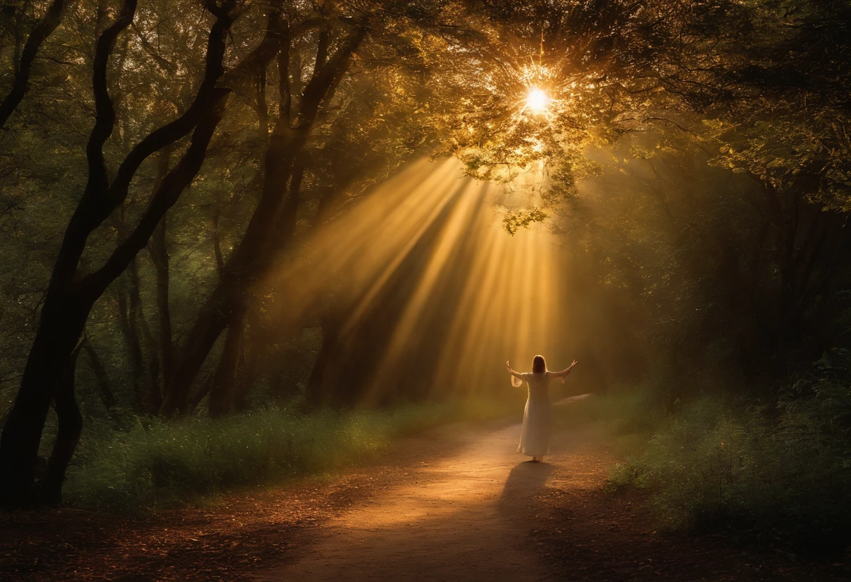 "Imagine a scene where the duality between darkness and light is evident. A winding path is illuminated by the soft golden light that represents divine goodness and compassion. As the light expands, as trevas que tentam envolver o caminho se dissipam, symbolizing the removal of evil. Na extremidade do caminho, encontra-se uma figura representando o suplicante, de joelhos e humilde, with hands raised in prayer. Sobre ele, A Divine Blessing, represented by rays of light that radiate grace and peace, guiando seus passos para a prosperidade. May this image convey the transformation of darkness into light by divine grace and the peace resulting from this journey."