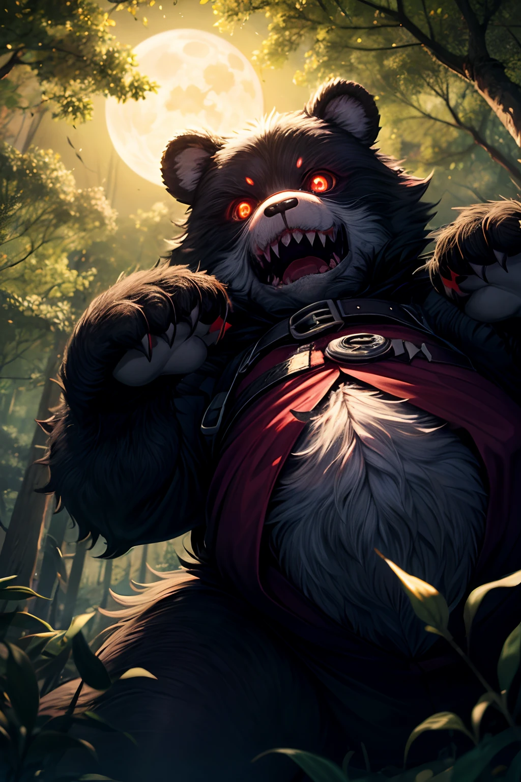 Masterpiece, psycho teddybear in a dark Forrest, night , Moonlight, ((from below)), nightmare, red pupils, sharp teeth, claws, bloody fur, bloody mouth