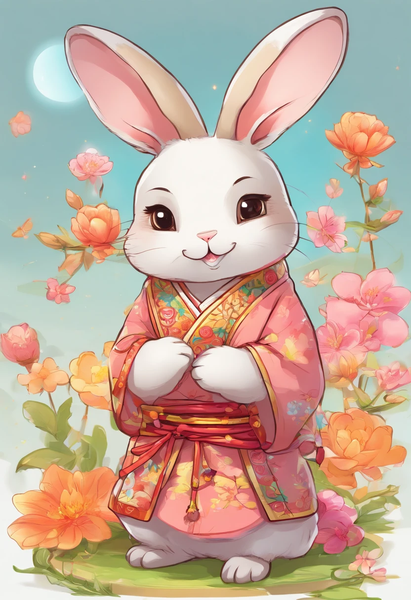 Cute rabbit in traditional Chinese costume，moon full，Mid-Autumn Festival,Chinese painting style comics，Advanced background color scheme