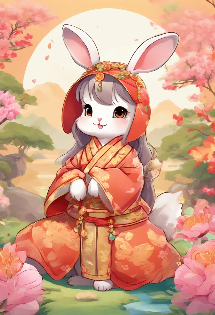 Cute rabbit in traditional Chinese costume,moon full,Mid-Autumn Festival,Chinese painting style comics,Advanced background color scheme