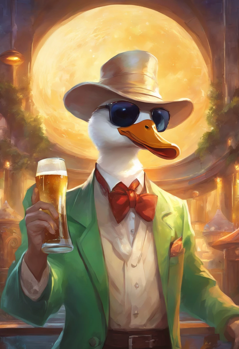 An Anime White Duck Mafia boss with sun glasses Holding a beer, Perfect body, perfect facem Cinematic, Terror, horror, Green bioluminicense, HD, Dark fantaksy