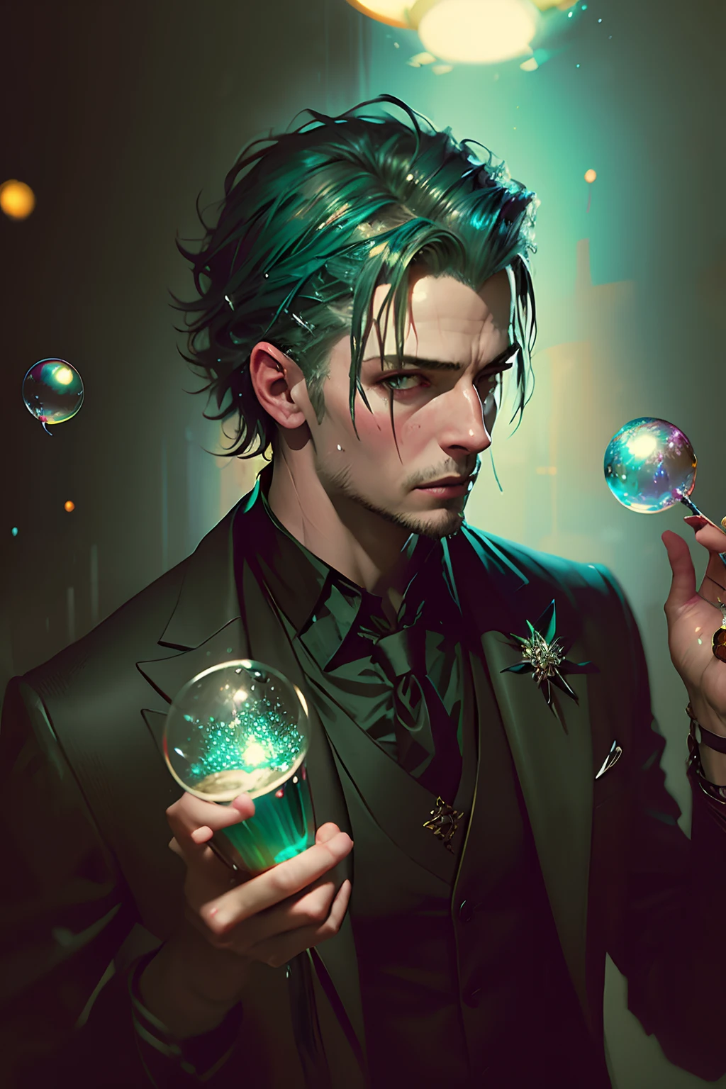 Style Snthwve Nvinkpunk Drunk Handsome Man as Sandman Delusion, (hallucinating colorful soap bubbles), por jeremy mann, brilho, Glitter, Floresta Encantada