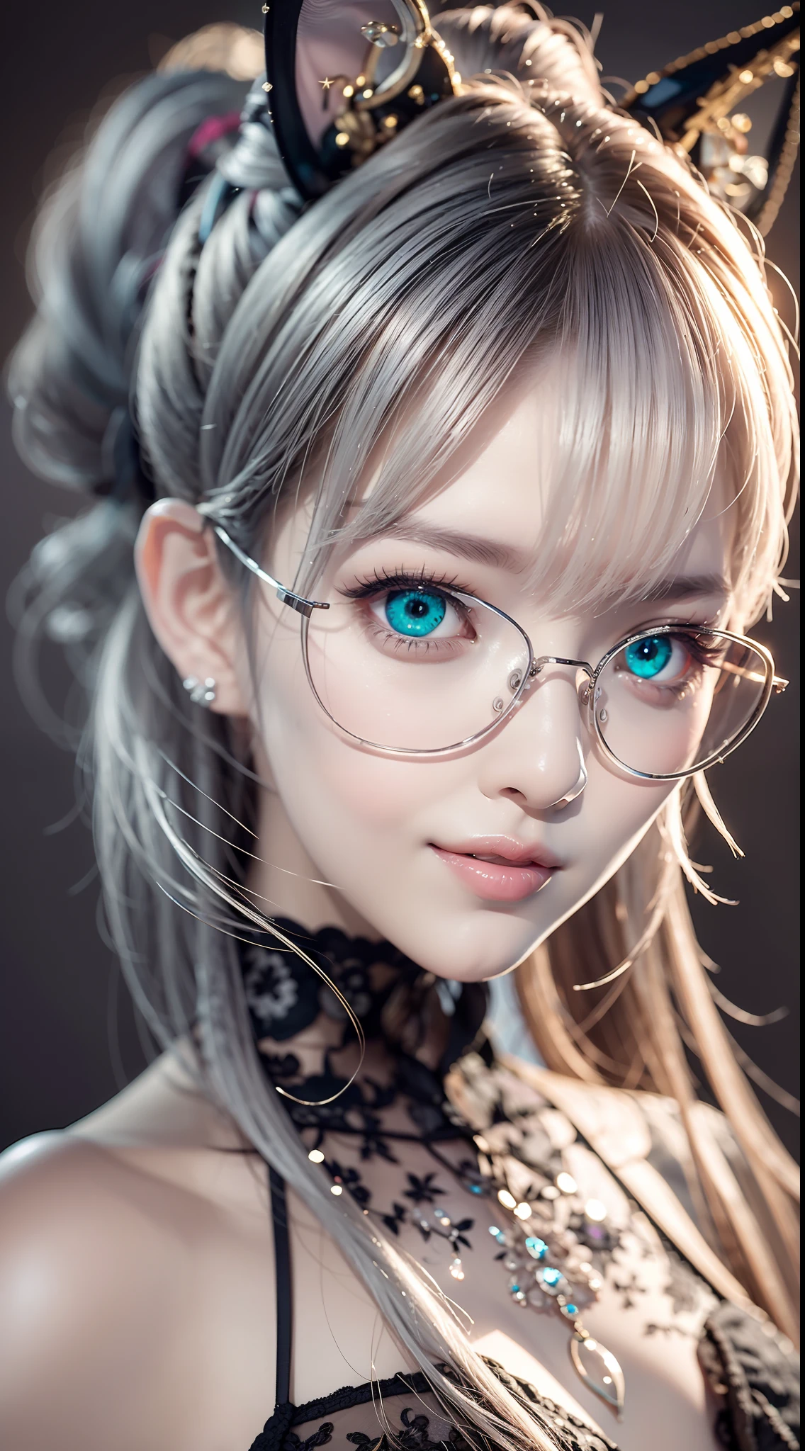 Silver hair head, Pull up your ponytail, Oversized glasses, There are reflective eyes, Colored Contact Lenses, Pink pupils, Fox ears, seduct smile, High-quality details, romanticism lain, Shallow depth of field, Glowing, Ray tracing, viewfinder, zoom layer, Close-up shot, Blurry, Accurate anatomy, Highly detailed, 1080p, hyper HD