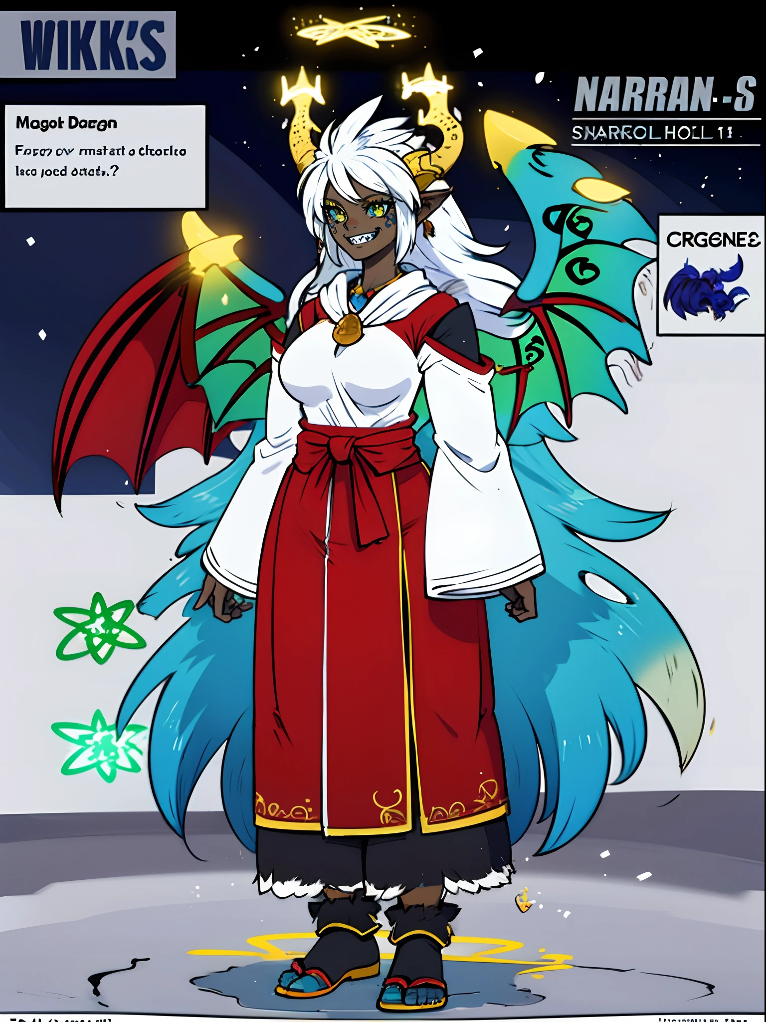 darkskinned-female, horns, dragon wings, ,pullover, pants,, full body, standing, long hair,sharpteeth, atomic, halo, robe, medieval clothing, smile