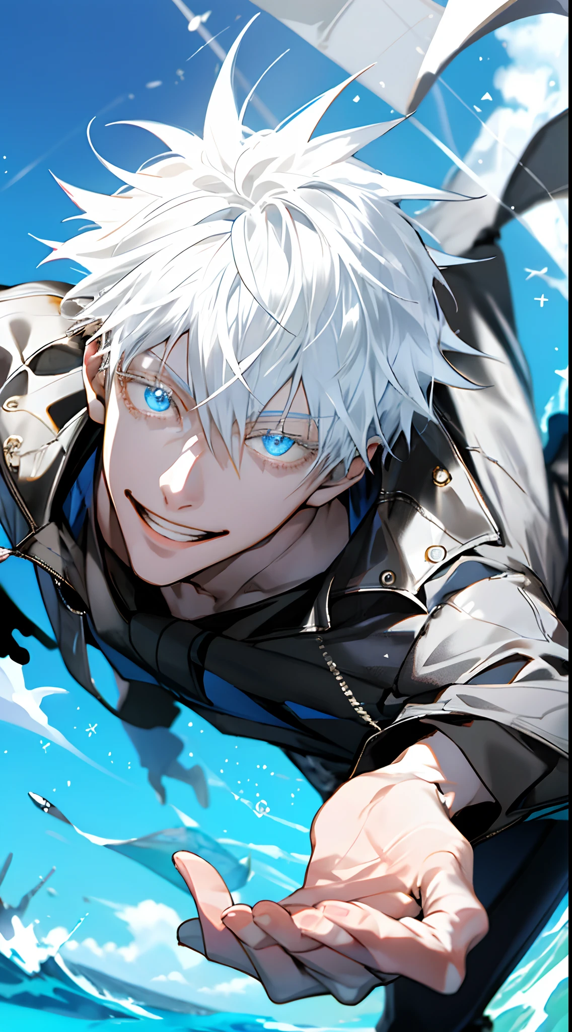 (masterpiece, best quality:1.2), (hyperdetailed face), (Super well-formed face), full body, solo, tall boy, tachie, male focus, 1boy, gojo satoru, smile, looking at viewer, white hair, blue eyes, crystal clear eyes, beautiful pupils, beautiful detailed eyes, long eyelashes, black sweater, long sleeves, black pants, lift sunglasses, beautiful blue sky, summer sky, dynamic angle