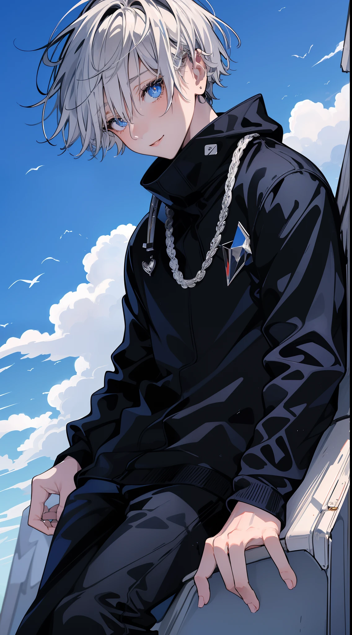 (masterpiece, best quality:1.2), (hyperdetailed face), (Super well-formed face), full body, solo, tall boy, tachie, male focus, 1boy, gojo satoru, smile, looking at viewer, white hair, blue eyes, crystal clear eyes, beautiful pupils, beautiful detailed eyes, long eyelashes, black sweater, long sleeves, black pants, lift sunglasses, beautiful blue sky, summer sky, dynamic angle