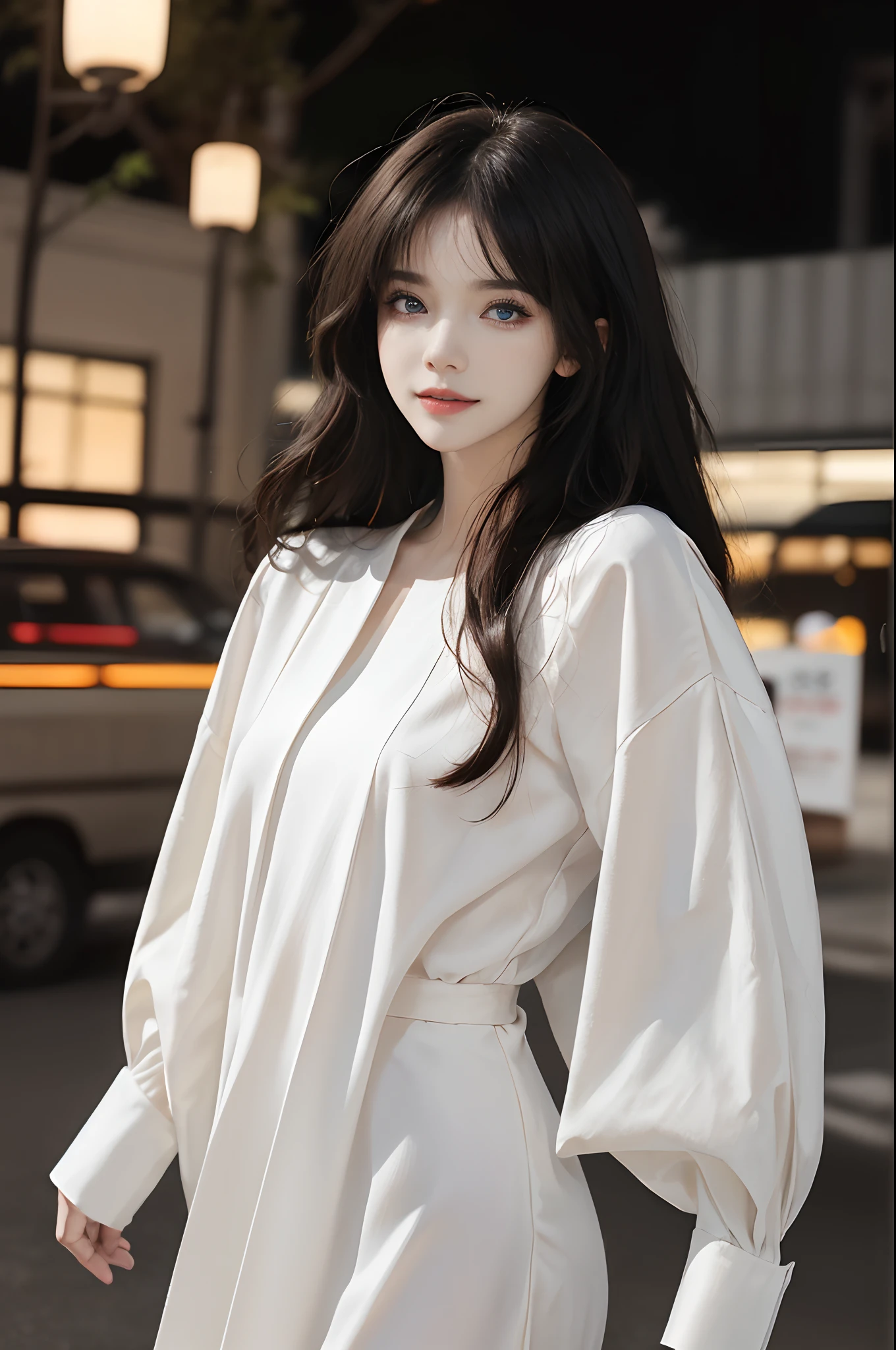 ((4K works))、​masterpiece、(top-quality)、1 beutiful girl、Slim body、tall、((Attractive clothes in black and white))、(Detailed beautiful eyes)、Take selfies on the road at night、((Face similar to Carly Rae Jepsen))、((long hair of boyish red-black color,,))、((Smaller face))、((Neutral face))、((Bright blue eyes))、((American adult women))、((Adult female 26 years old))、((cool lady))、((Like a celebrity))、((Smiling expression))、((Korean Makeup))、((elongated and sharp eyes))、((Girlfriend enjoying happy date))、((boyish))、((She is walking in front of the viewer))、((shot from back))、Professional Photos
