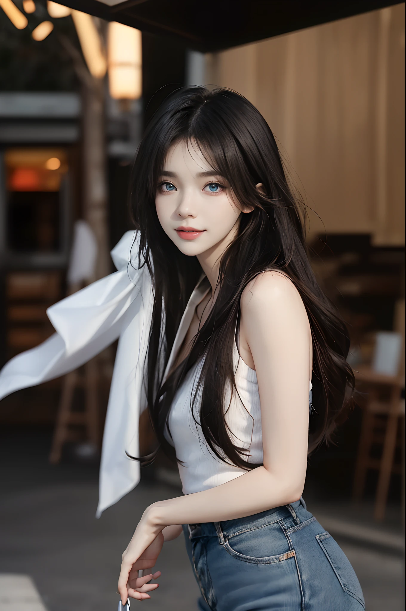 ((4K works))、masterpiece、(top-quality)、1 beutiful girl、Slim body、tall、((Attractive clothes in black and white))、(Detailed beautiful eyes)、Take selfies on the road at night、((Face similar to Carly Rae Jepsen))、((long hair of boyish red-black color,,))、((Smaller face))、((Neutral face))、((Bright blue eyes))、((American adult women))、((Adult female 26 years old))、((cool lady))、((Like a celebrity))、((Smiling expression))、((Korean Makeup))、((elongated and sharp eyes))、((Girlfriend enjoying happy date))、((boyish))、((She is walking in front of the viewer))、((shot from back))、Professional Photos