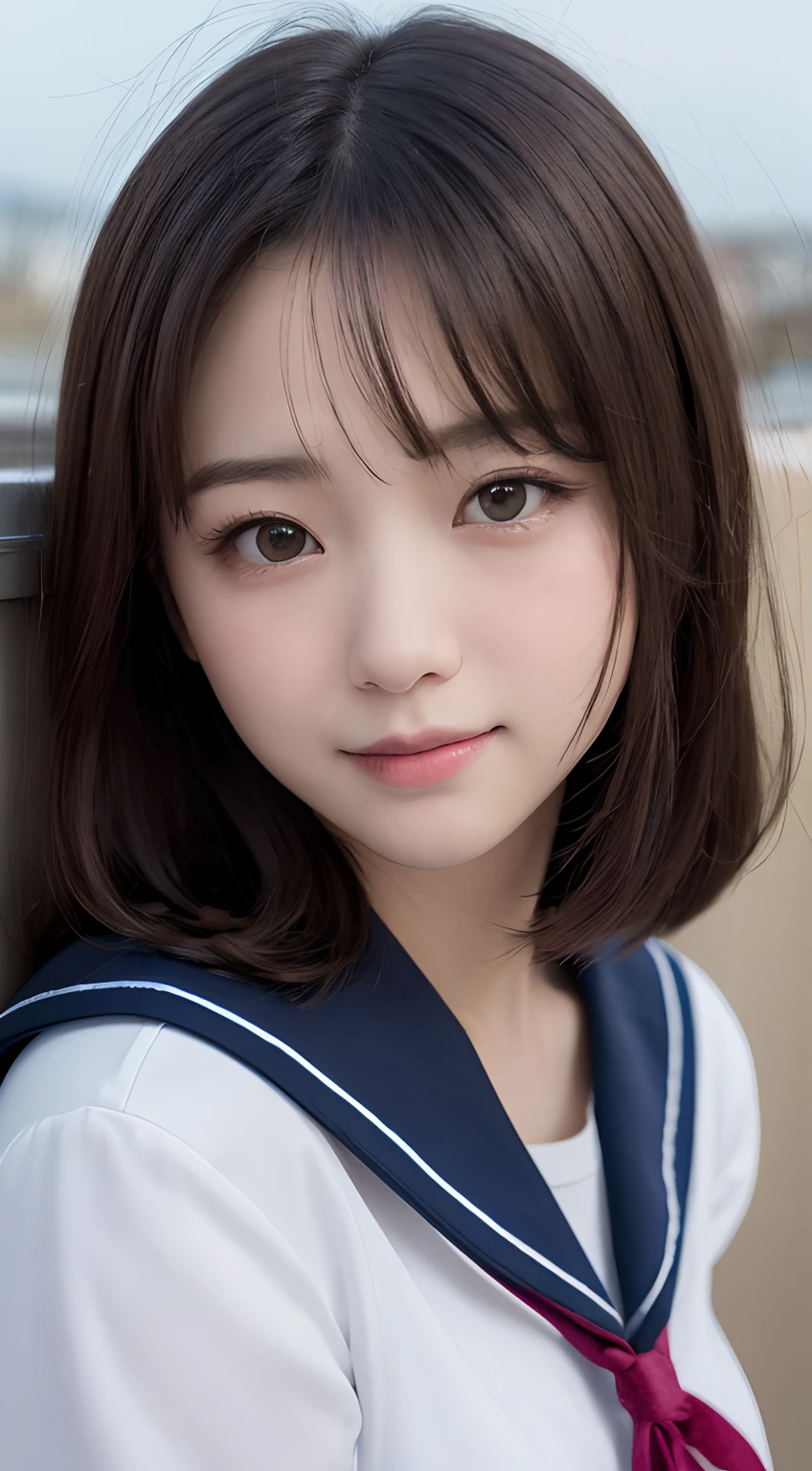 masutepiece, Best Quality, 8K, 10yaers old, Teen, Raw photo, absurderes, award winning portrait, Smile, Smile, Solo, Idol face, Delicate girl, Upper body, Digital SLR, Looking at Viewer, Candid, Sophisticated, Thin arms, Professional Lighting, Film grain, chromatic abberation, (Eyes and faces with detailed:1.0), (Bokeh:1.1) , huge-breasted , Distant perspective , bed , laying on back , Perspective from above , closes mouth , Sailor Uniform , A dark-haired , dishevled hair