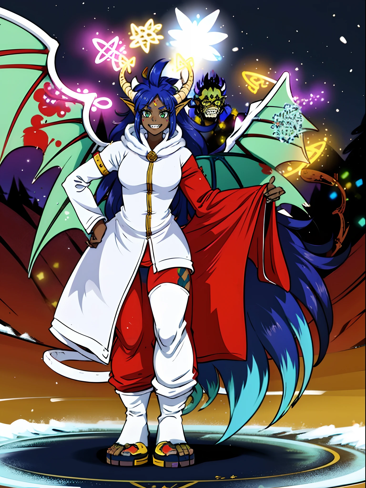 darkskinned-female, horns, dragon wings, ,pullover, pants,, full body, standing, long hair,sharpteeth, atomic, halo, robe, medieval clothing, smile