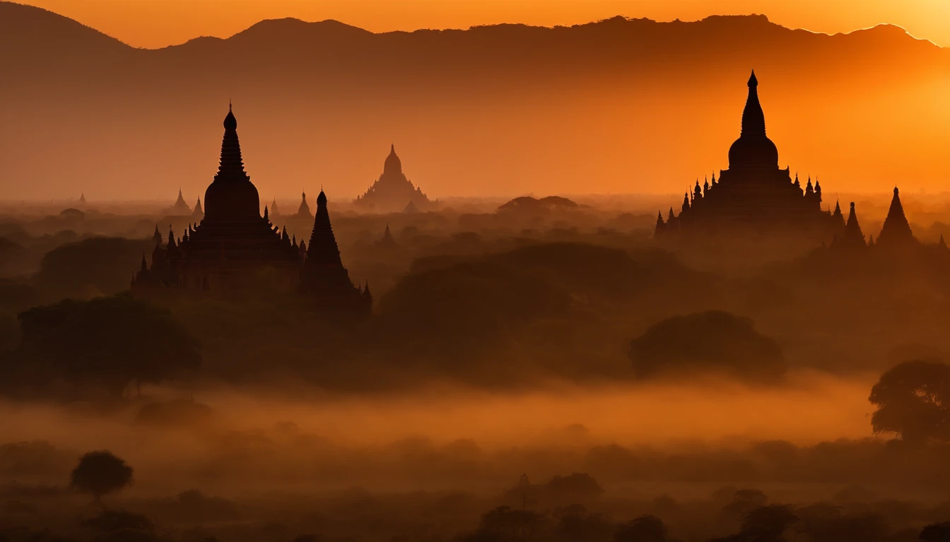 Bagan pagodas of Burma at sunset, best composition, masterpiece art work, long view, silhouette of pagodas , at sunrise,
