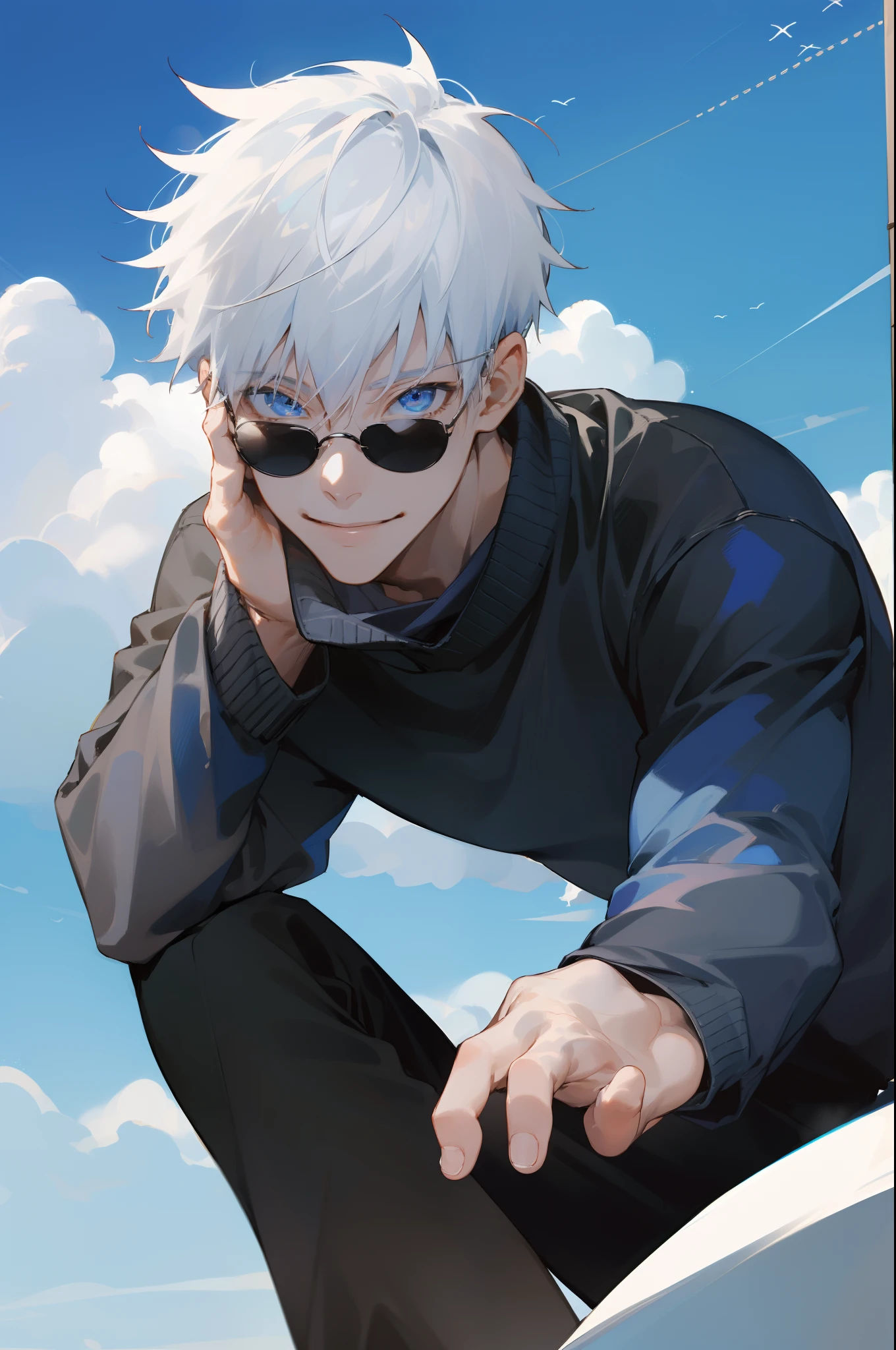 (masterpiece, best quality:1.2), close up, face focus, solo, male focus, 1boy, gojo satoru, smile, looking at viewer, white hair, blue eyes, black sweater, long sleeves, black pants, lift sunglasses, beautiful blue sky, summer sky