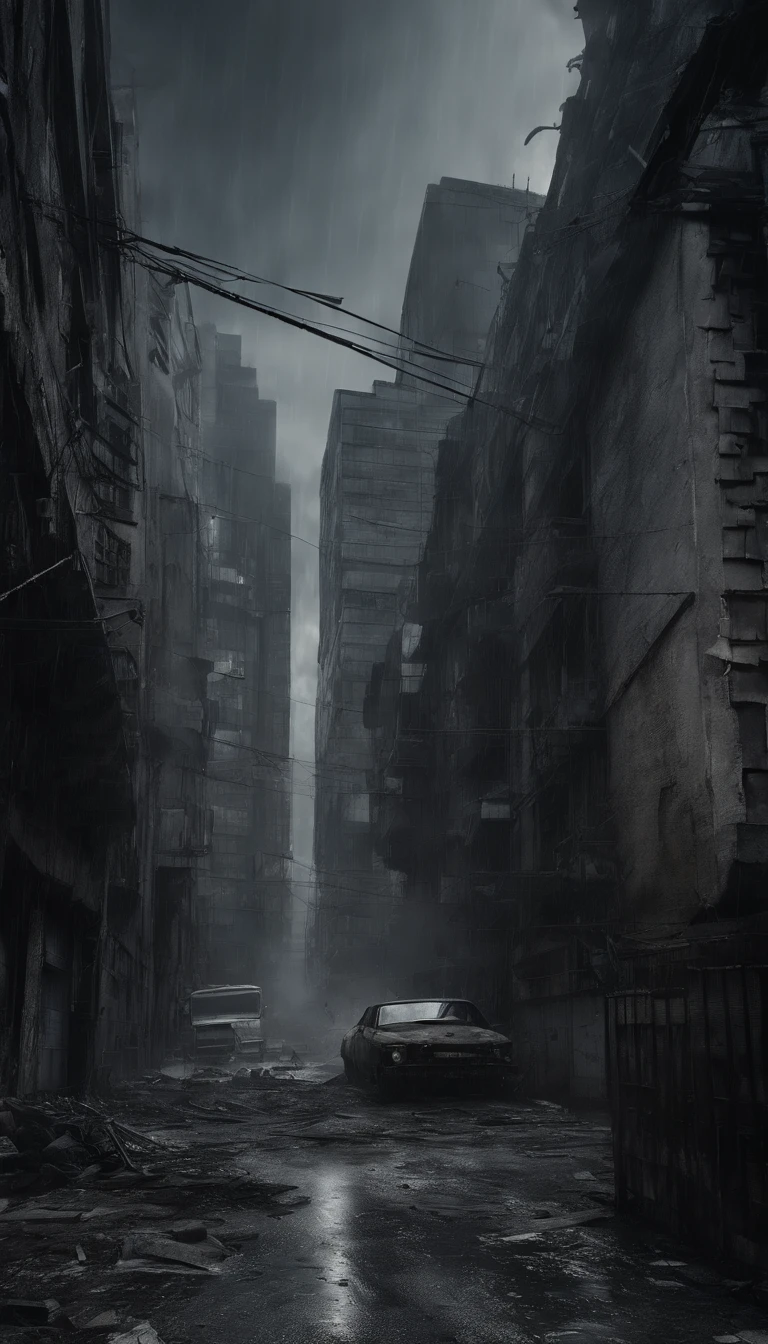 best quality,4k,8k,highres,masterpiece:1.2,ultra-detailed,realistic,photorealistic:1.37,impressive,post-apocalyptic,cyberpunk-style, city street,bustling,neon-lit,gritty,dystopian,high-rise buildings,hovering vehicles,futuristic architecture,dilapidated buildings,dark alleyways,heavy rain,pouring rain,flickering streetlights,glowing signs,holographic advertisements,reflective wet pavement,abandoned vehicles,smoke-filled atmosphere,city smog,cracked concrete,electrical wires hanging,piles of trash,rusty metal,graffiti-covered walls