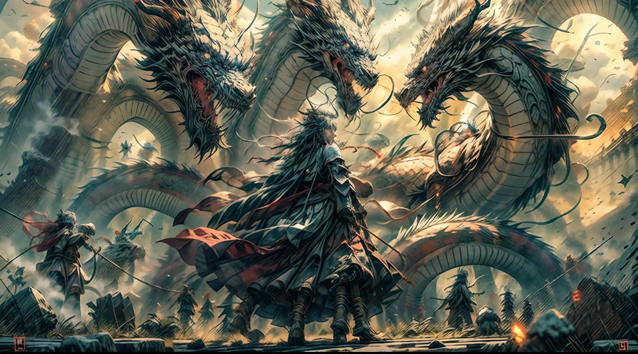 "1Dragons and people engaged in epic battles, showcasing hyper-realistic details and subtle picture nuances. The artwork boasts an exquisite high resolution with cinematic rendering, bringing to life the realms of myths and legends."