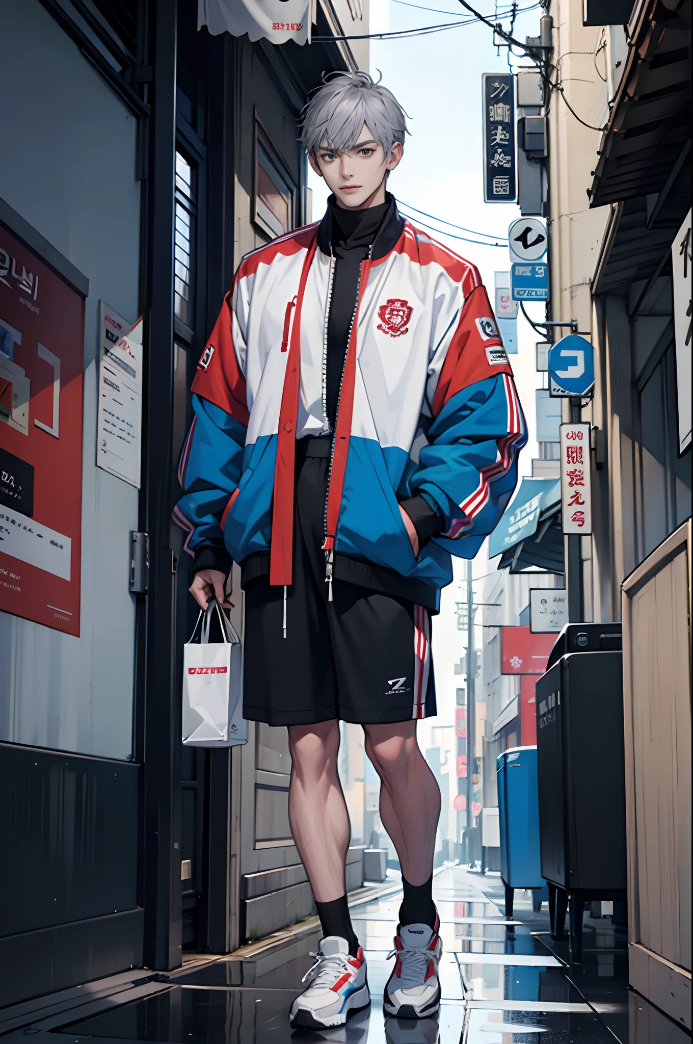 （tmasterpiece，超高分辨率，16k UHD，high qulity），low tune，standing on your feet，looking at viewert，tmasterpiece，A tall man，Stand next to the coffee shop，are standing，（Blue-gray hair），Black eyes，ssmile，Seoul，（small heads），Tall man, Masculine face shape，Precise ???????，Precise hand structure，light colored costume，flight jaket，((athletic sneakers))，wristwatch，Unity 16K wallpaper，concept-art，One guy，8K eyes，（（（Mature male））），（Comb back short hair），（photorealiscic face：1.8），broad shoulder，slips，（full bodyesbian：1.6），Male 18