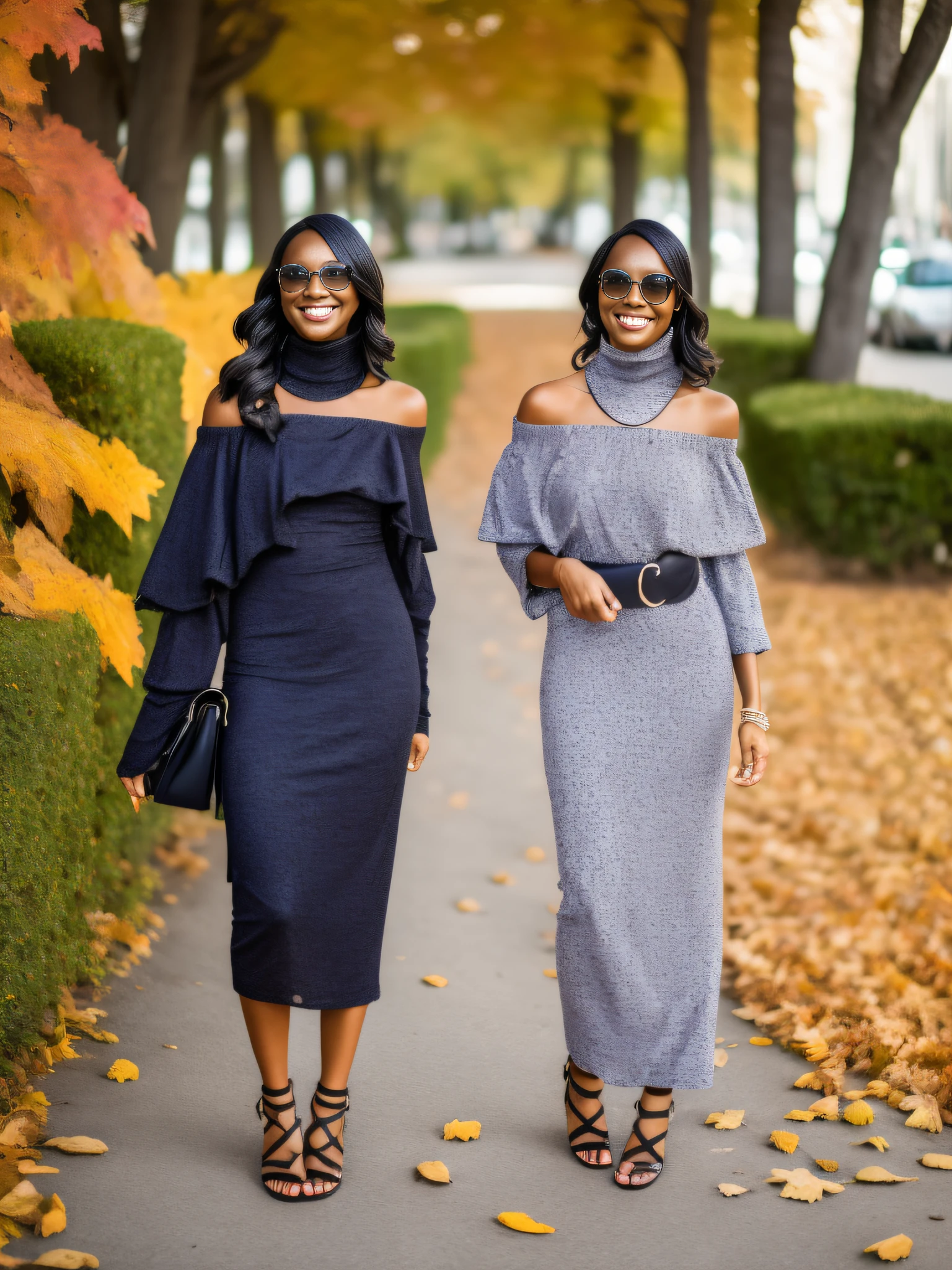 ((master part, best quality,edgQualidade)), smug,Sorriso, edgADC_moda, vestido longo, Printing of autumn leaves,sandals,turtleneck off shoulder ,usando edgADC