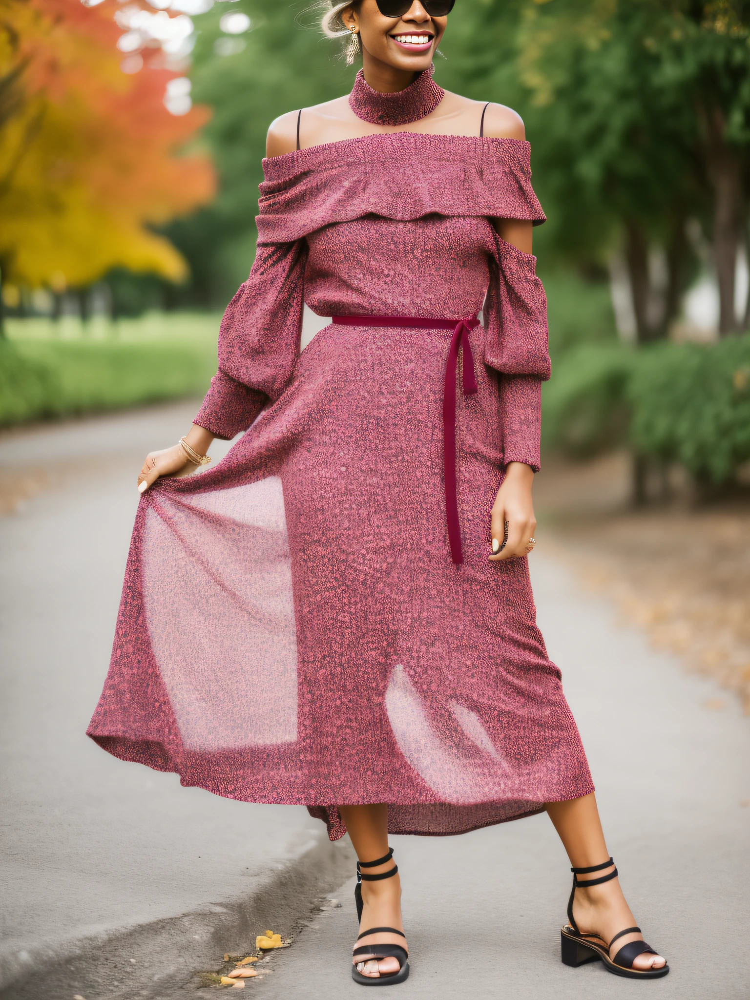 ((master part, best quality,edgQualidade)), smug,Sorriso, edgADC_moda, vestido longo, Printing of autumn leaves,sandals,turtleneck off shoulder ,usando edgADC
