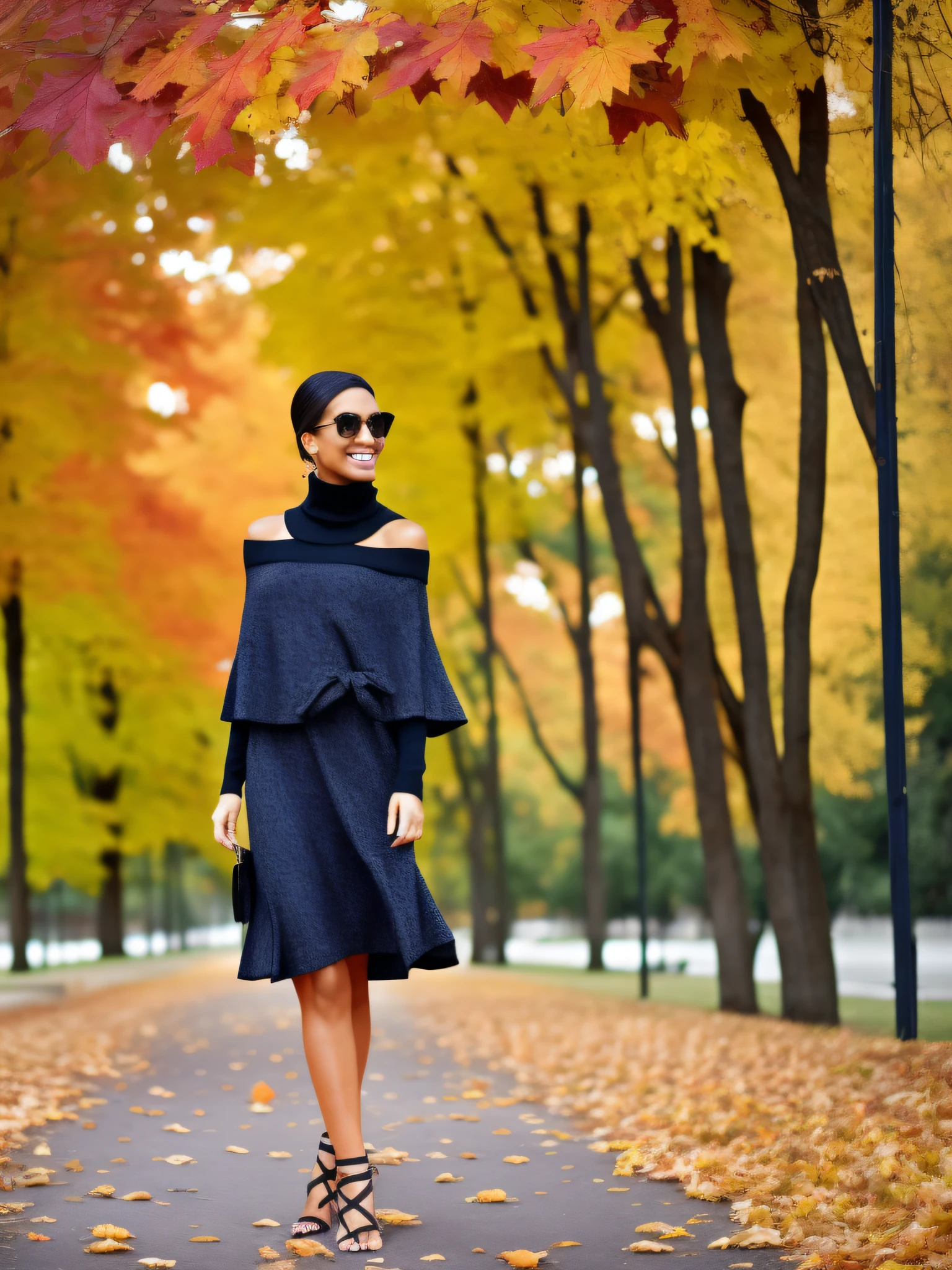 ((master part, best quality,edgQualidade)), smug,Sorriso, edgADC_moda, vestido longo, Printing of autumn leaves,sandals,turtleneck off shoulder ,usando edgADC