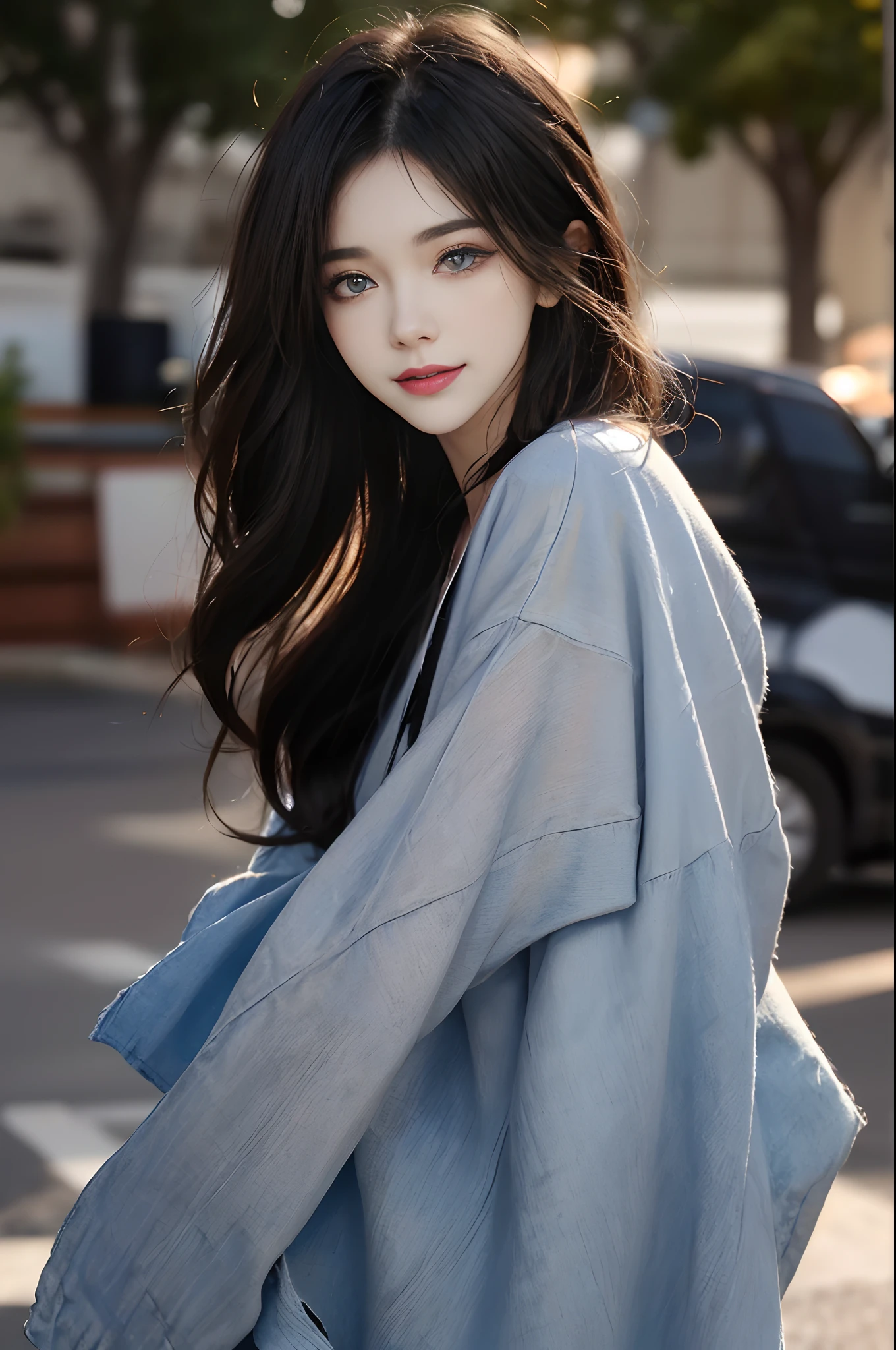 ((4K works))、masterpiece、(top-quality)、1 beutiful girl、Slim body、tall、((Attractive clothes in black and white))、(Detailed beautiful eyes)、Take selfies on the road at night、((Face similar to Carly Rae Jepsen))、((long hair of boyish red-black color,,,))、((Smaller face))、((Neutral face))、((Bright blue eyes))、((American adult women))、((Adult female 26 years old))、((cool lady))、((Like a celebrity))、((Smiling expression))、((Korean Makeup))、((elongated and sharp eyes))、((Girlfriend enjoying happy date))、((boyish))、((She is walking in front of the viewer))、((She turns around))、((shot from back))、Professional Photos