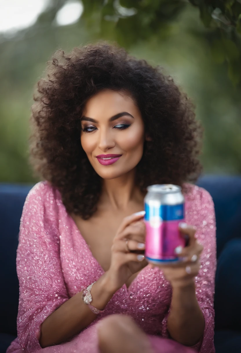 Elegant woman sipping a can of pink and blue cans at home, the cans have the word BYSELF on them, drink, home, leisurely, blushing, sparkling, relaxing, slightly drunk, product photography