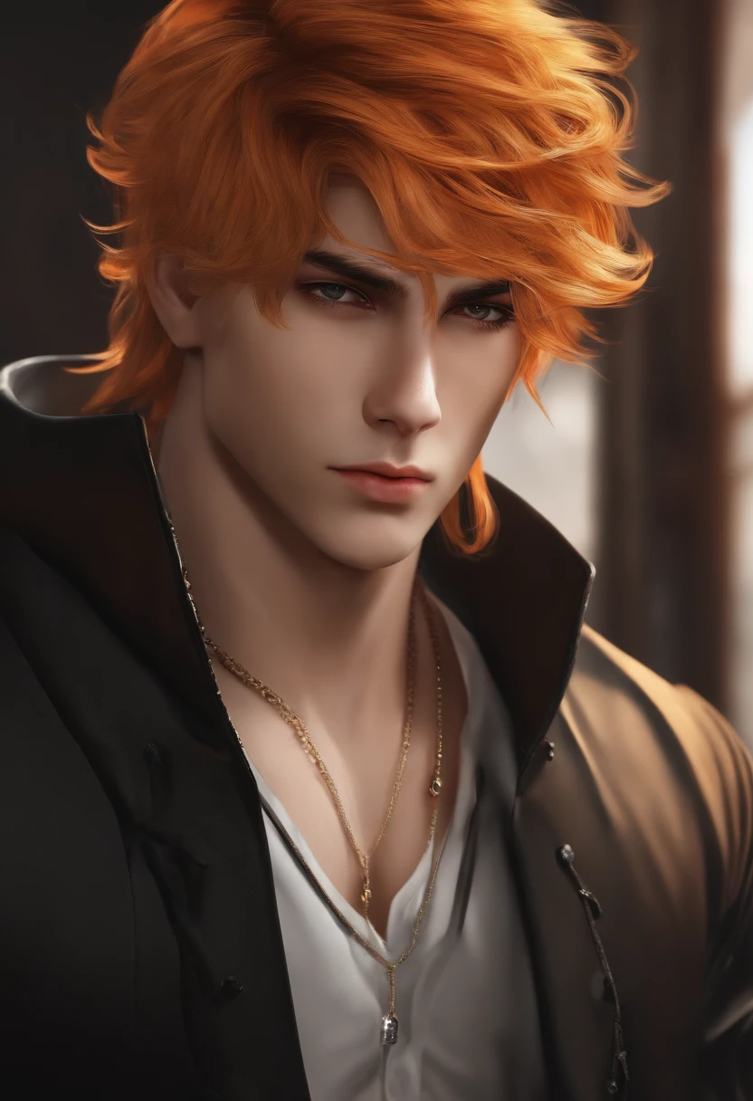 ((extremely high quality, master part, 1 masculino, Handsome, macho, adultoo masculino, cara mais velho, ombros largos, altura alta((cabelo grande)), Looking at the Viewer ((olhos verdes)), ((orange hair, Cabelo amarrado), Standing, piercings, rosto mais velho, adulto, anime version, roupa de casaco preto, Homem alto, anime, roupa do casaco, mostrando todo o personagem