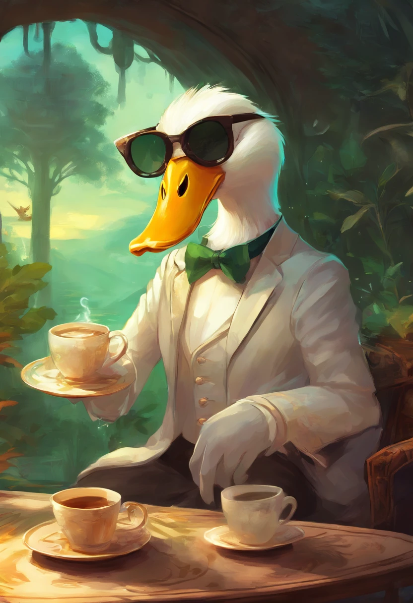 An Anime White Duck Mafia boss with sun glasses drinking coffee, Perfect body, perfect facem Cinematic, Terror, horror, Green bioluminicense, HD, Dark fantaksy