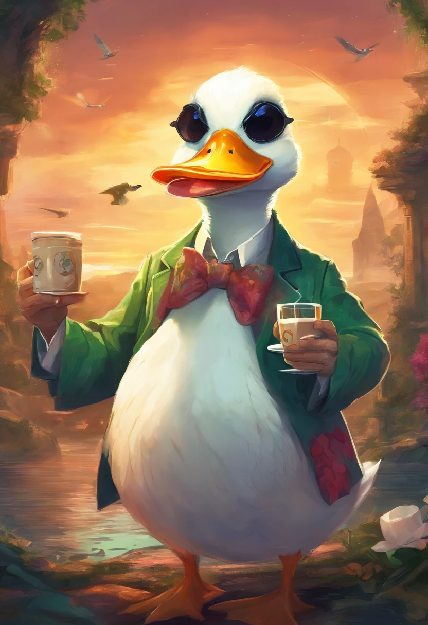 An Anime White Duck Mafia boss with sun glasses drinking coffee,   Perfect body, perfect facem Cinematic, Terror, horror, Green bioluminicense, HD, Dark fantaksy