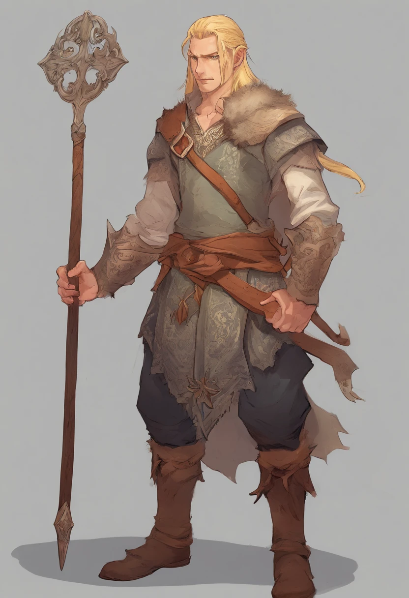 A young Viking leader with horns on his head, blonde with blue eyes, hairlong,,three-dimensional facial features,Clear Eyes,There is a totem on the face,rough skin texture,Wear jade jewelry around your waist,Fabric shoes on the feet,The concept of a fantasy character, complex fantasy character, The concept of a heroic fantasy character, RPG concept art character, full body concept, Character posing for concept art, RPG character concept art, senior concept artist, Detailed full-body concept, fantasy character design, dark fantasy character design, concept art character, spirit fantasy concept art