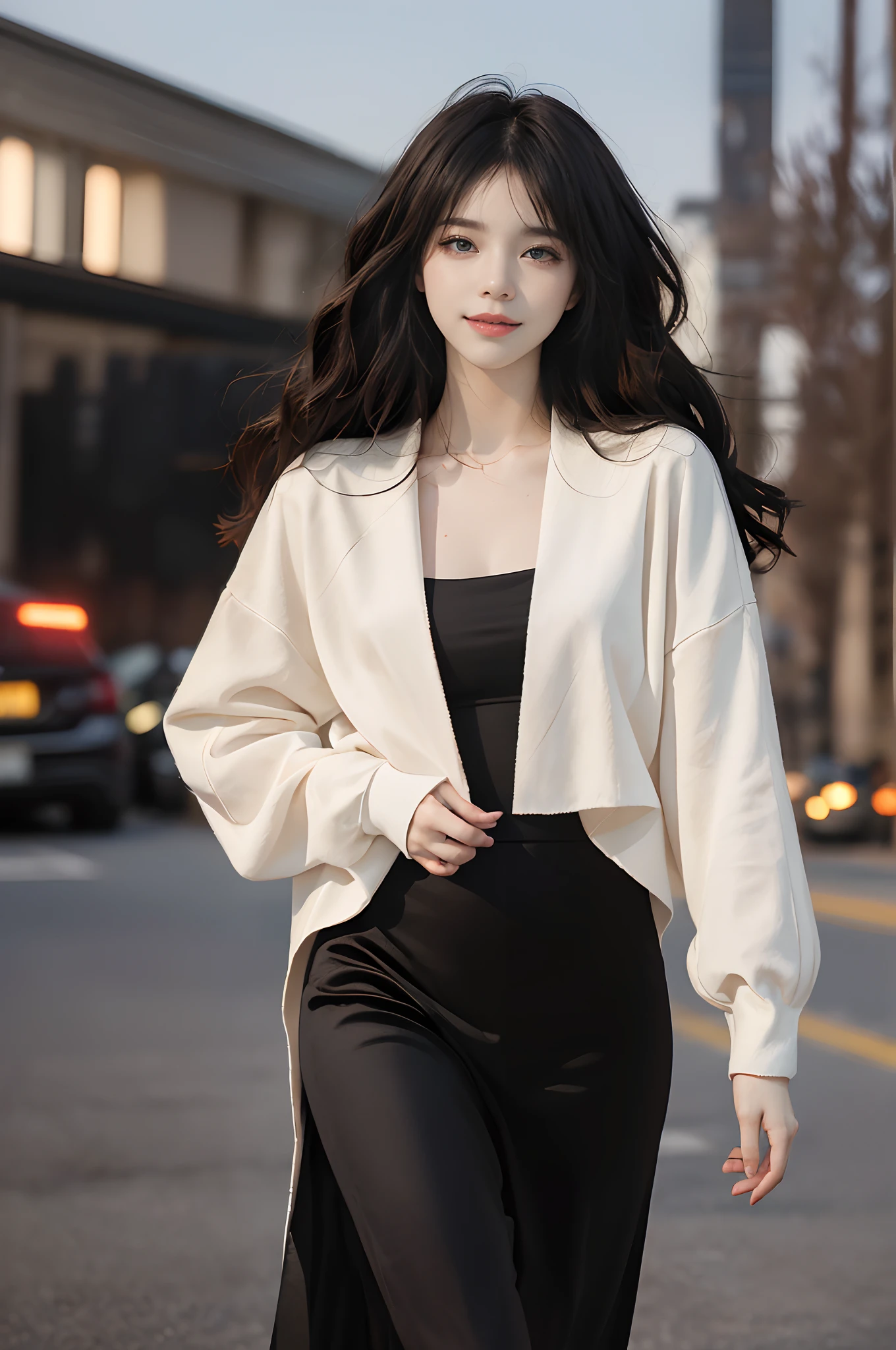 ((4K works))、​masterpiece、(top-quality)、1 beutiful girl、Slim body、tall、((Attractive clothes in black and white))、(Detailed beautiful eyes)、Take selfies on the road at night、((Face similar to Carly Rae Jepsen))、((long hair of boyish red-black color,,,))、((Smaller face))、((Neutral face))、((Bright blue eyes))、((American adult women))、((Adult female 26 years old))、((cool lady))、((Like a celebrity))、((Smiling expression))、((Korean Makeup))、((elongated and sharp eyes))、((Girlfriend enjoying happy date))、((boyish))、((She is walking in front of the viewer))、((shot from back))、Professional Photos