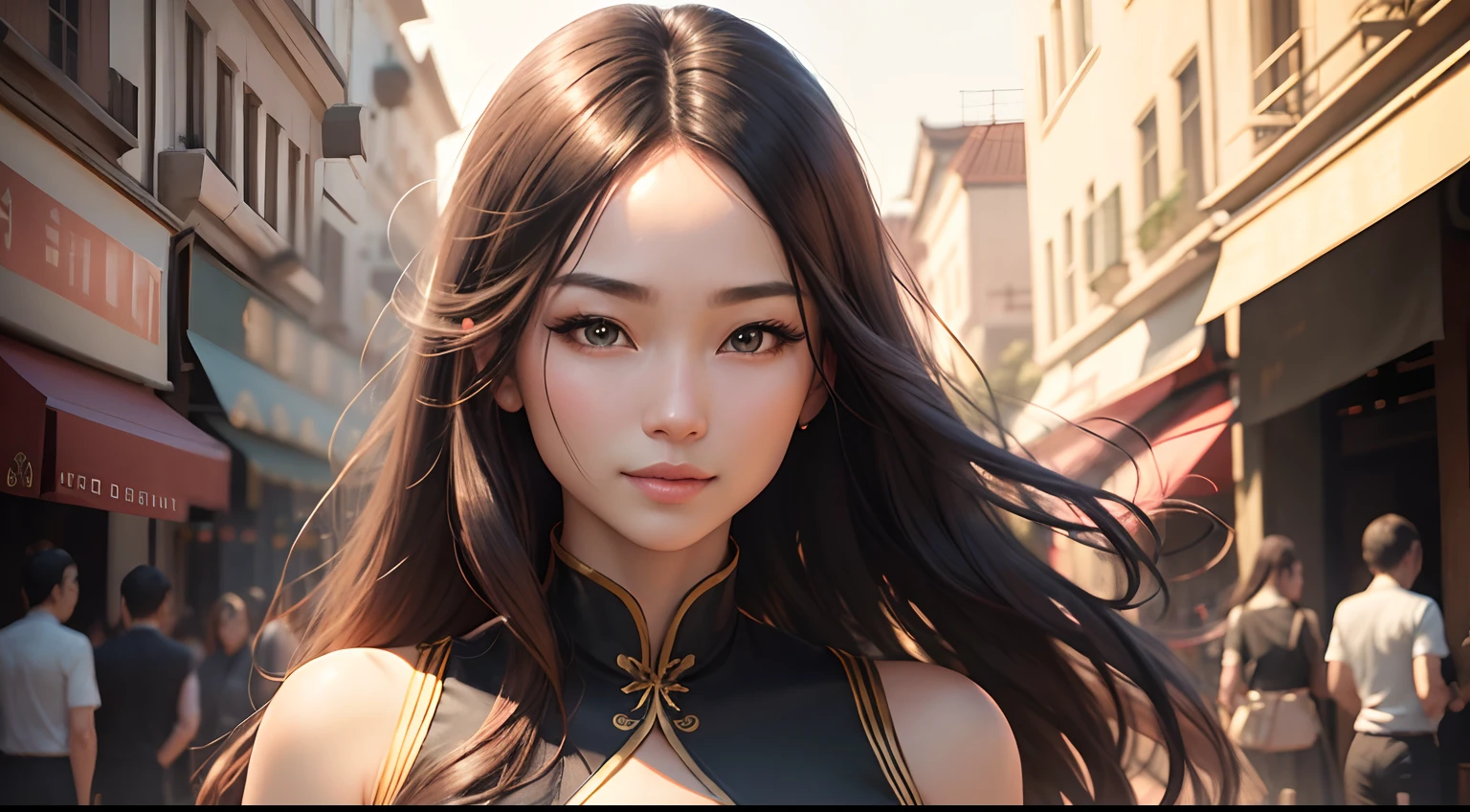 (best quality,highres),extremely detailed eyes and face,beautiful China woman face,fair skin,sharp features,long dark hair,expressive eyes,luscious lips,golden sunlight,subtle smile, China town in the background,blurry background,sunny day,syndicate concept,sorority emblem,dreamy atmosphere,vibrant colors,soft and warm lighting,graceful posture,fashionable dress,feminine,confident expression,serene ambiance,sophisticated style,romantic charm,ethereal beauty,portrait style,photorealistic rendering