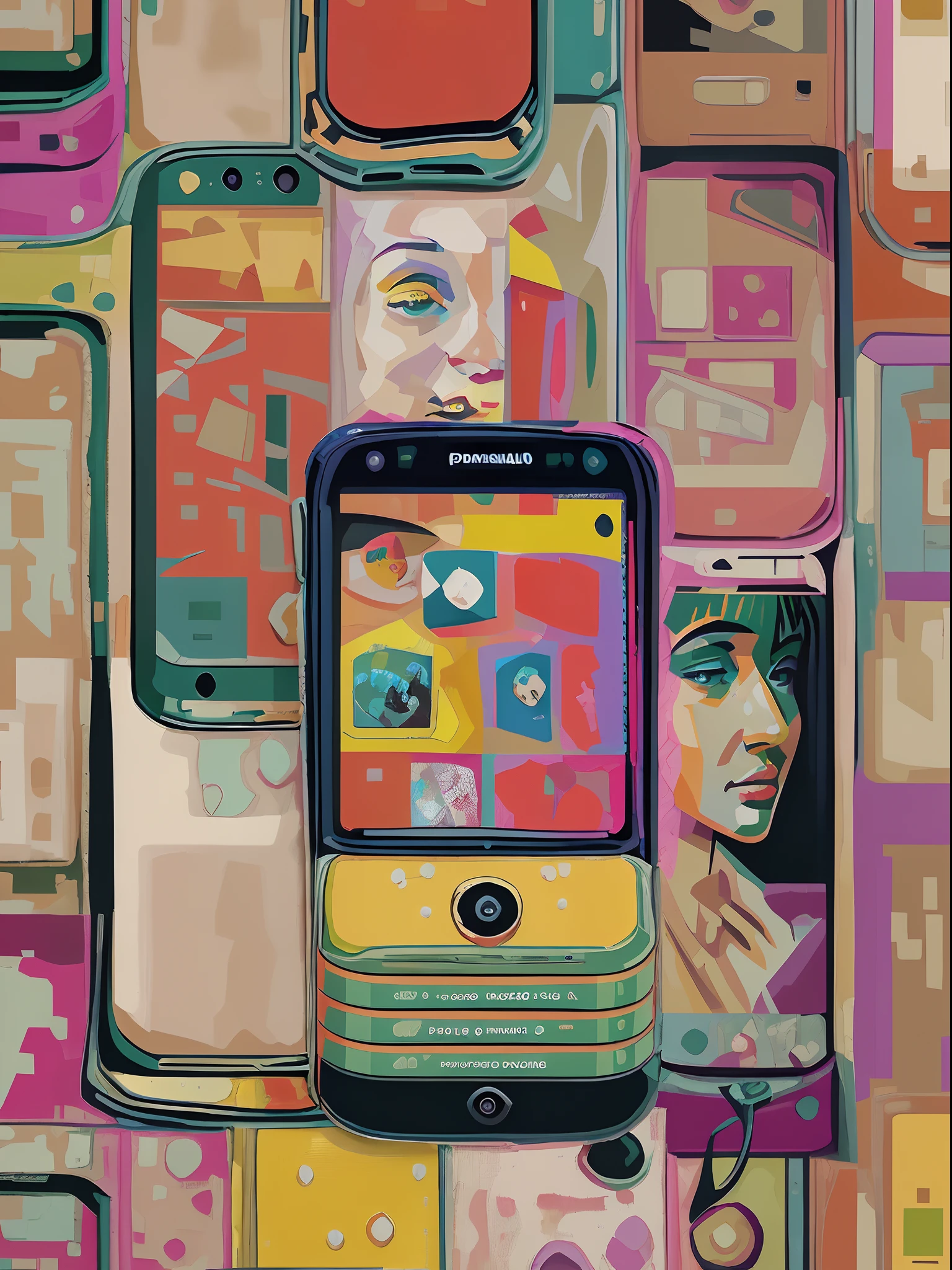 Pop Art painting of a modern smartphone with classic art pieces appearing on the screen, inspired by Andy Warhol