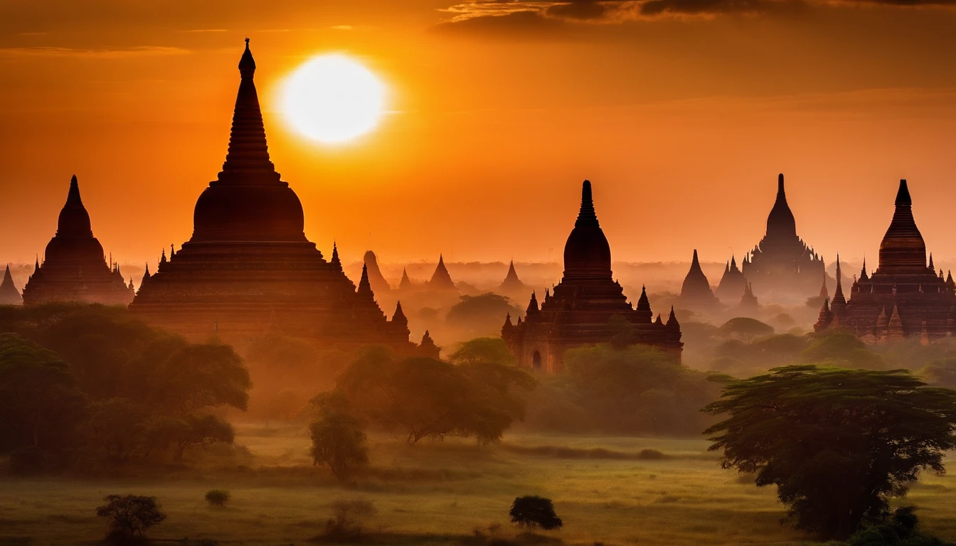 Bagan pagodas of Burma at sunrise, morning ddew, best composition, masterpiece art work, long view, silhouette of pagodas , at sunrise,