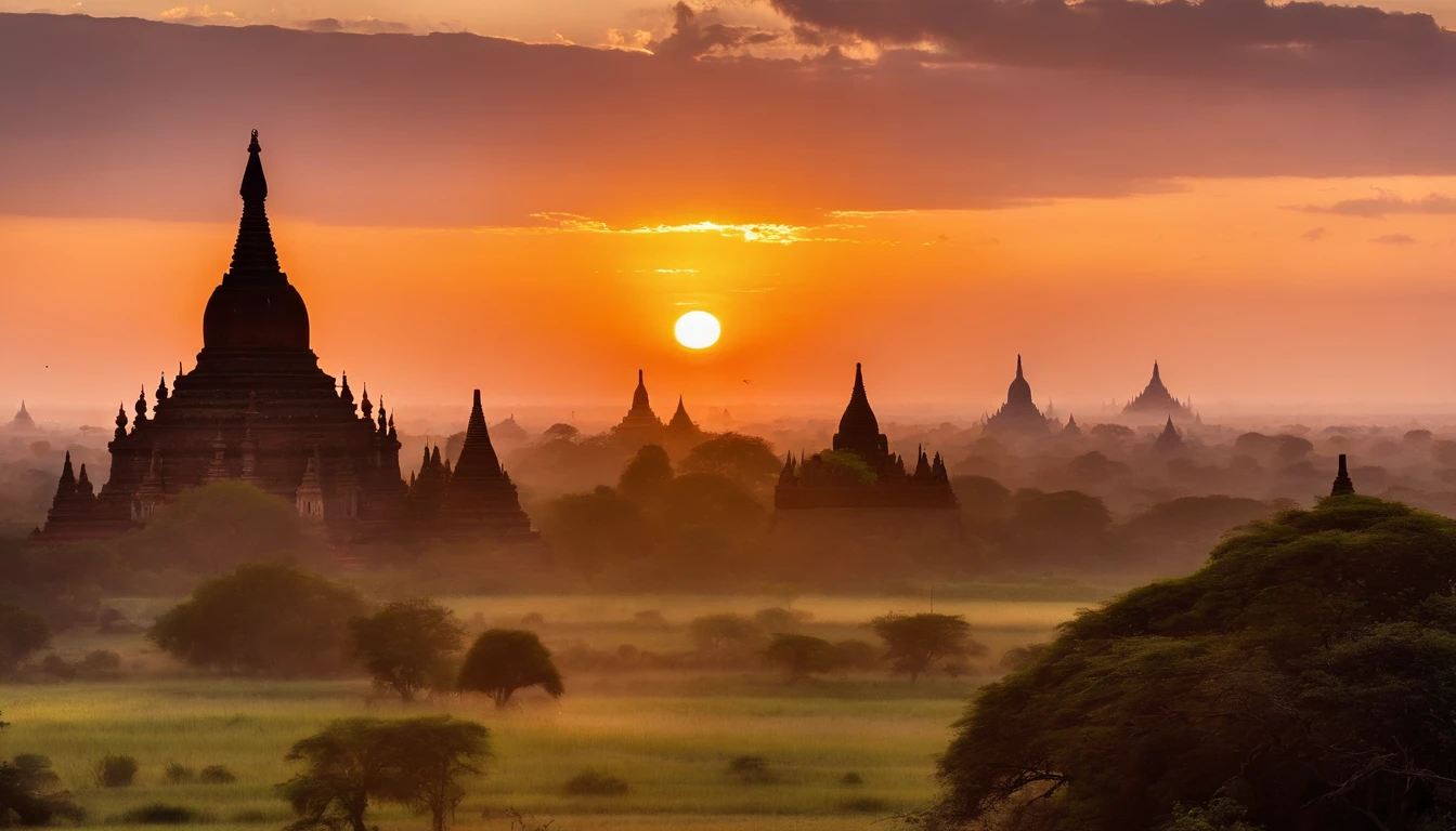 Bagan pagodas of Burma at sunrise, morning ddew, best composition, masterpiece art work, long view, silhouette of pagodas , at sunrise,