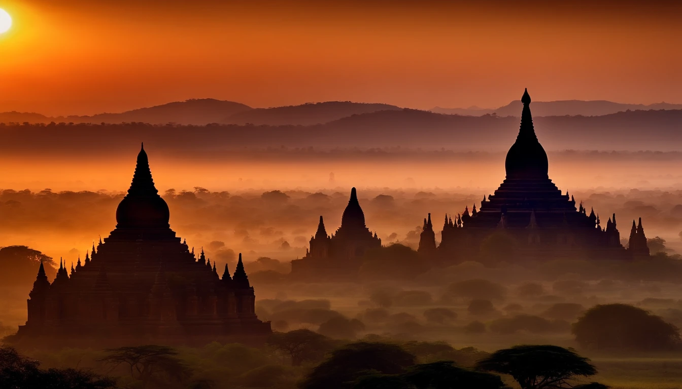 Bagan pagodas of Burma at sunrise, morning ddew, best composition, masterpiece art work, long view, silhouette of pagodas , at sunrise,
